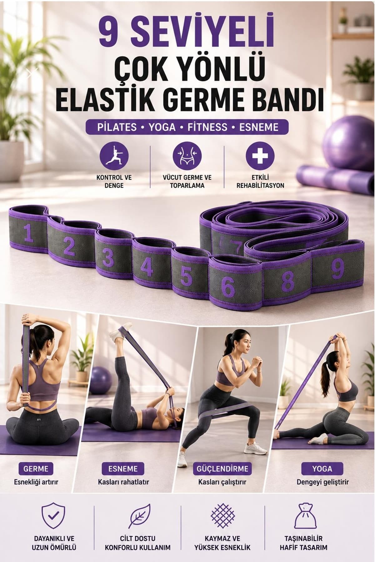 İndirimKap Profesyonel Jimnastik Eğitim Bandı 9 Seviyeli Pilates Yoga Direnç Spor Elastik Gergi Yoga Bandı