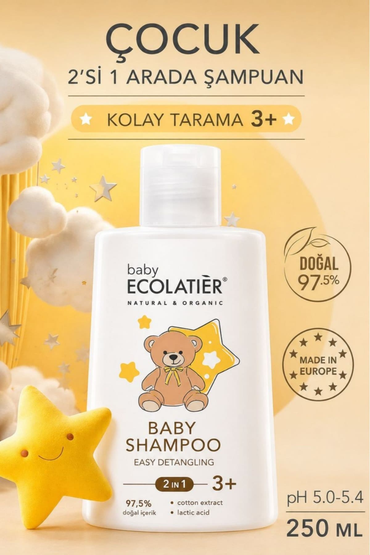 ECOLATIER 2'si 1 Arada Kolay Tarama Bebek ve Çocuk Şampuanı Organik içerikli 3+ Yaş 250 ml