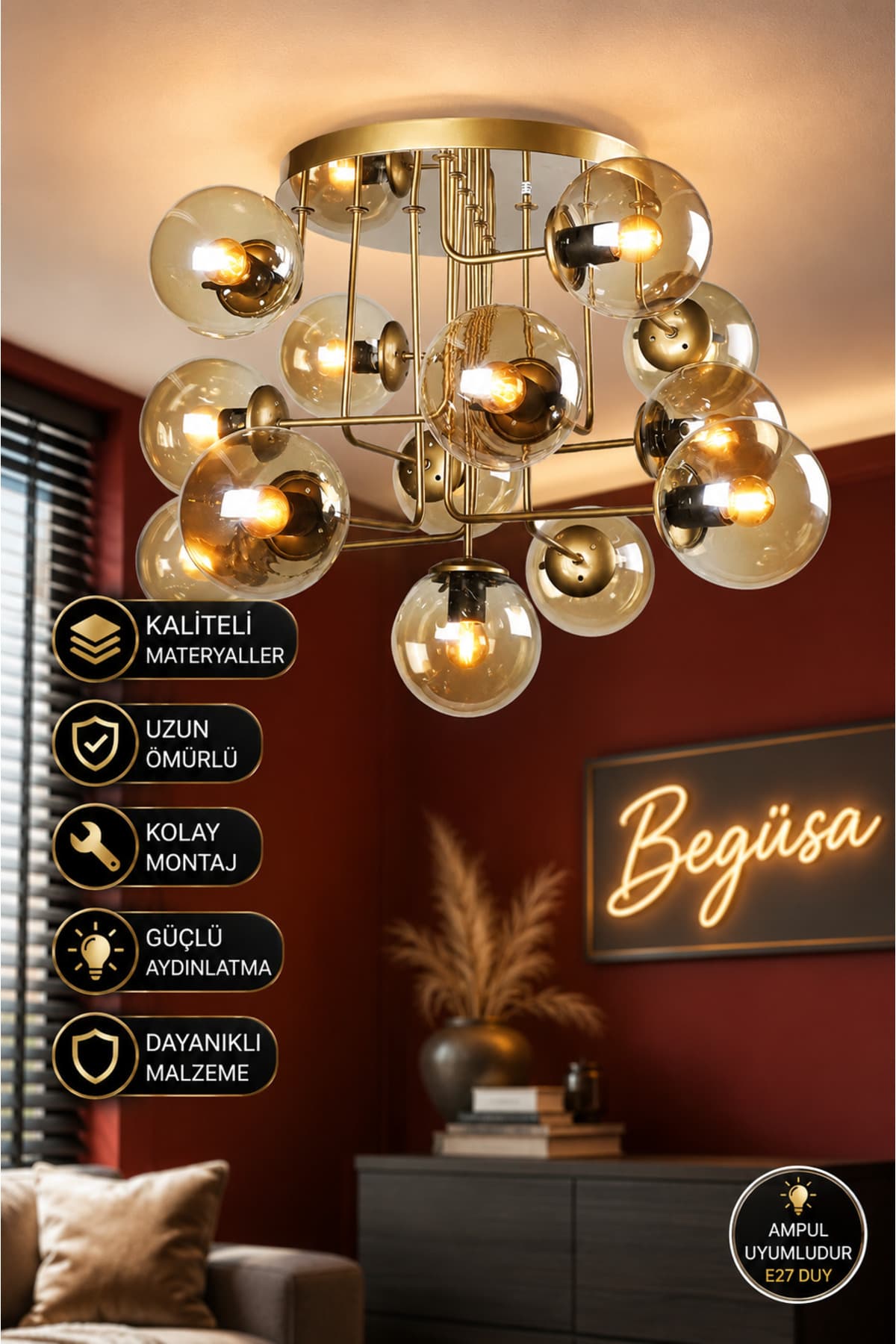 Begüsa Hazeran 13.lü Eskitme Bal Glop Camlı Avize