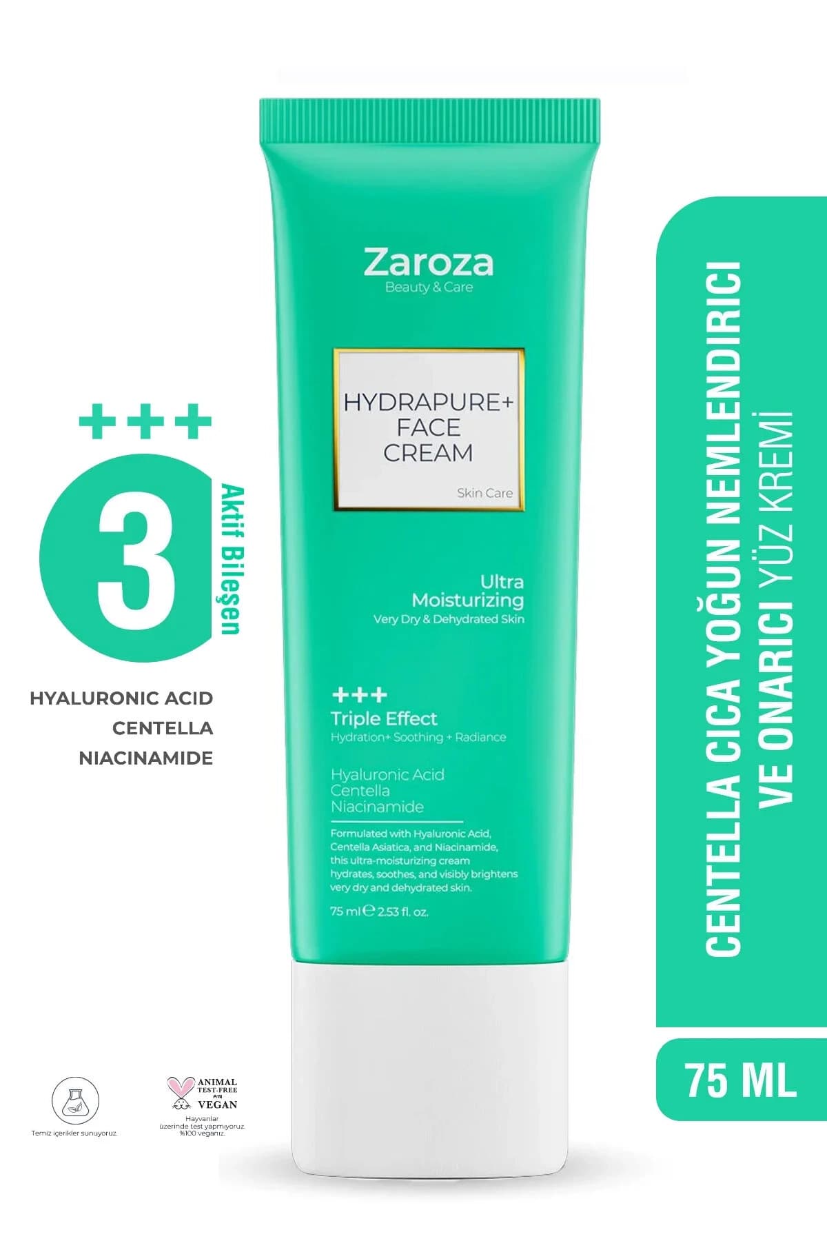 ZAROZA Yoğun Nemlendirici Yüz Kremi, Hydrapure+ 3 Etki; Nemlendirme, Leke, Onarma-HA, Centella, Niacinamide