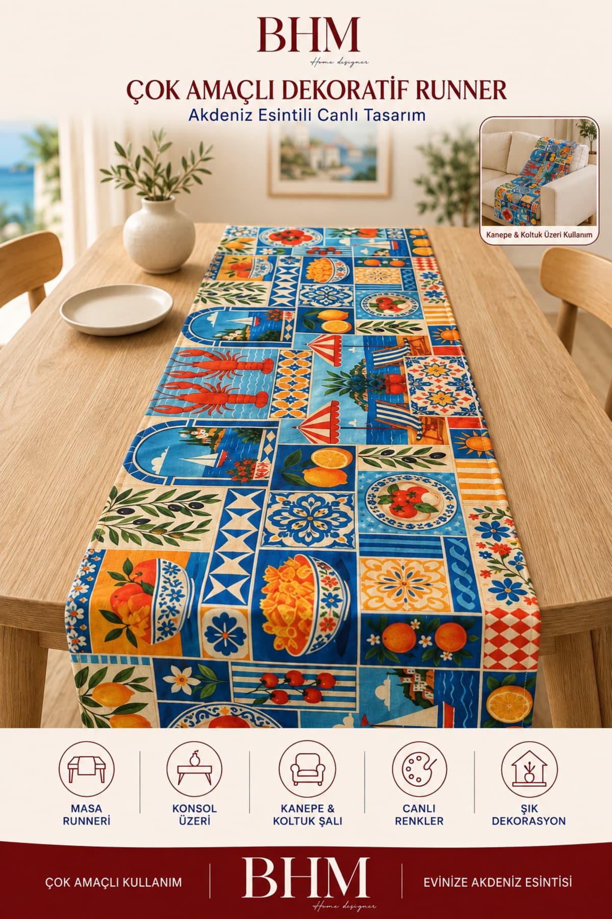 Bhm Çok Amaçlı Dekoratif Runner 138X43 Cm Akdeniz Desenli Masa Ve Koltuk Örtüsü
