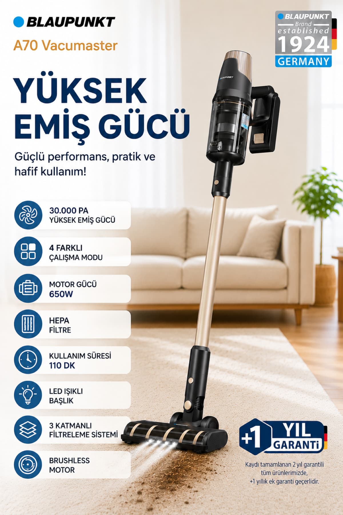 Blaupunkt A70 650W Şarjlı Dikey Süpürge 30.000 Pa Emiş Gücü 110 Dk Çalışma Süresi