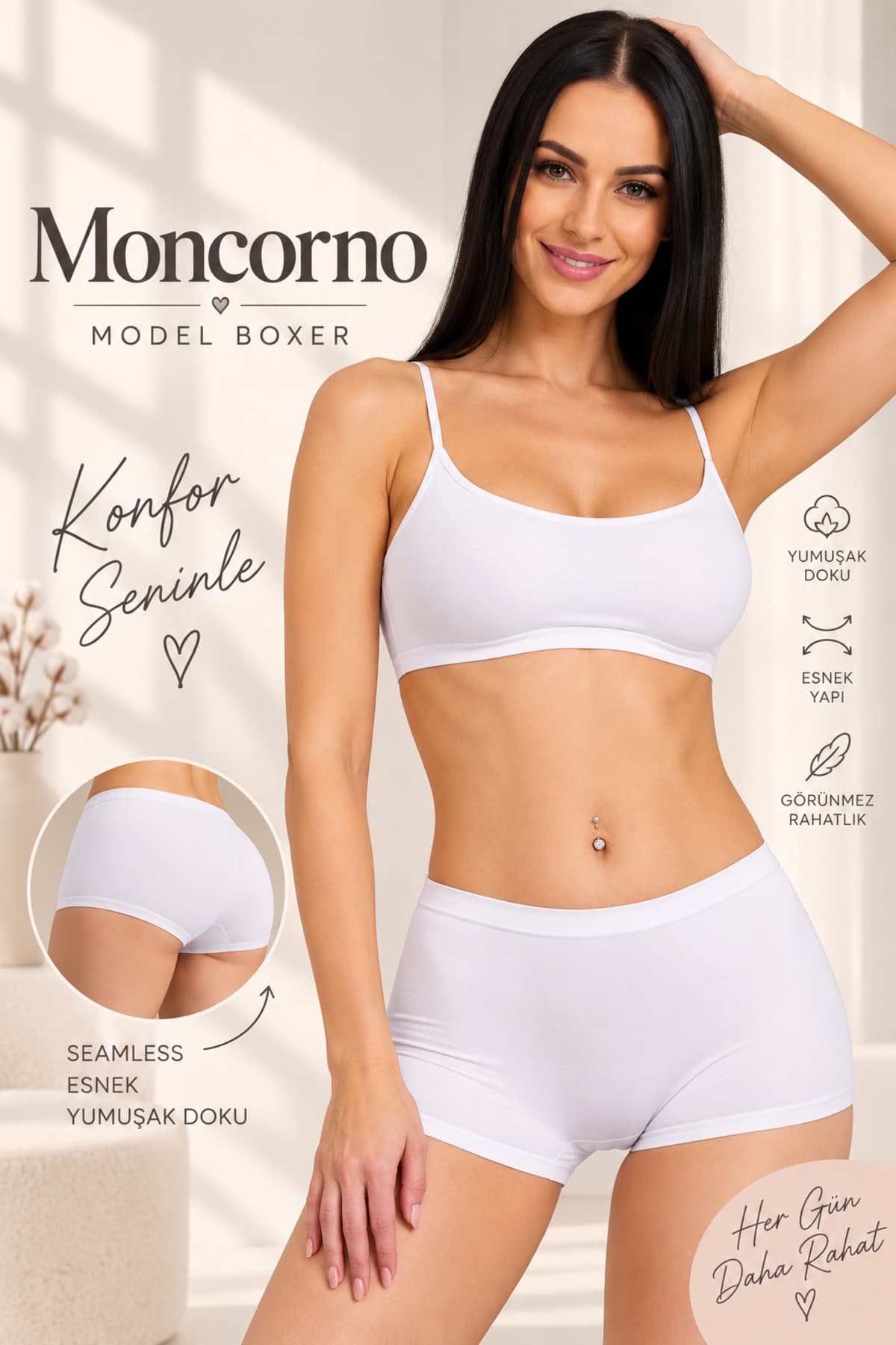 MİSTİRİK Moncorno Model Cool & Comfort Toparlayıcı İz Yapmayan Seamless Örme Boxer Beyaz Renk