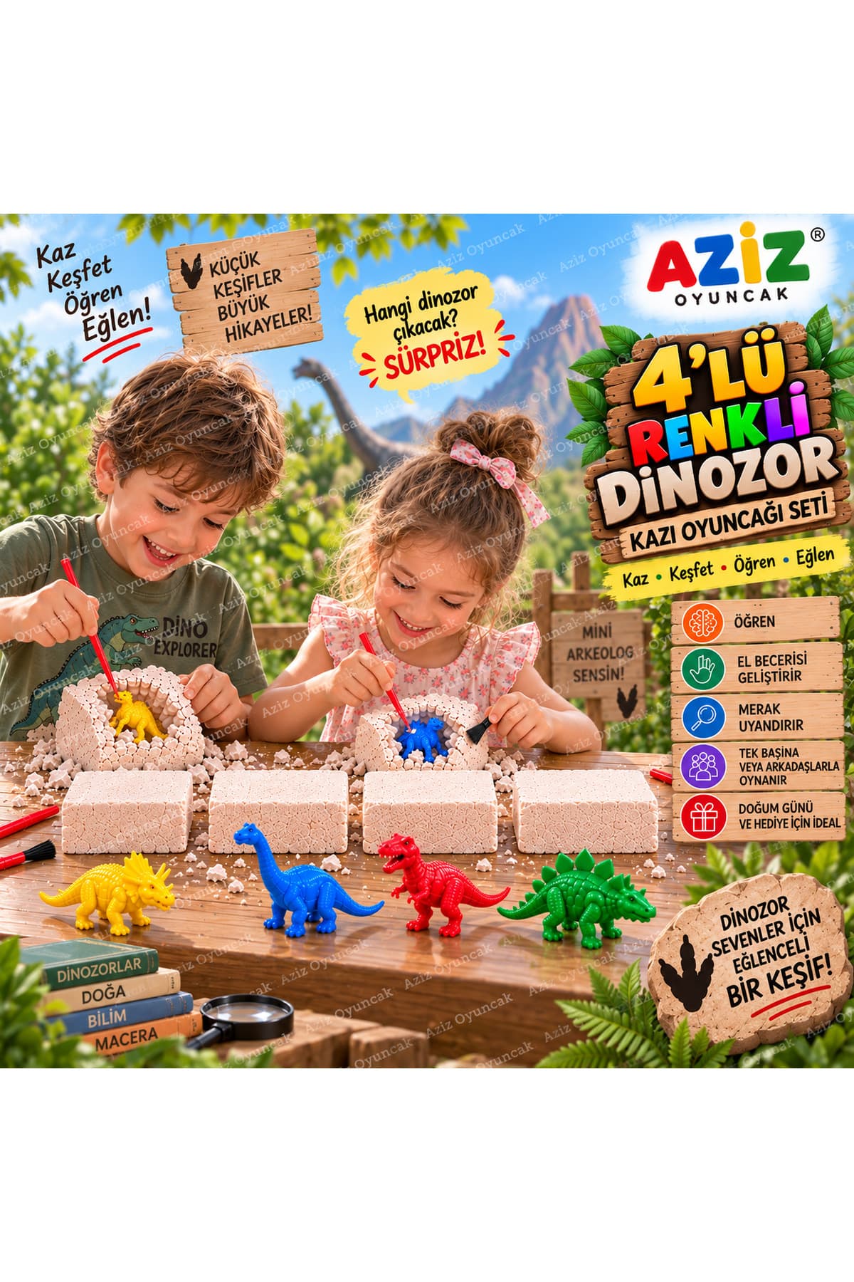 AZİZ OYUNCAK ????❤️ 4’lü Renkli Dinozor Kazı Kiti | Dinozor Kazı Oyuncağı, Sürpriz Keşif ve Arkeoloji Seti