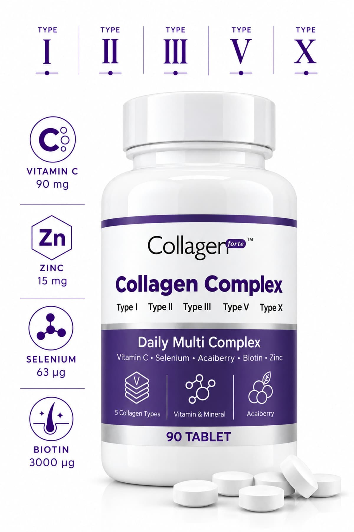 Collagen Forte Platinum 5 Tip Kolajen Complex Tip 1,2,3,5 Ve Tip 10 Biotin, Çinko, Selenyum, C Vitamini & Açai, 90 Tablet