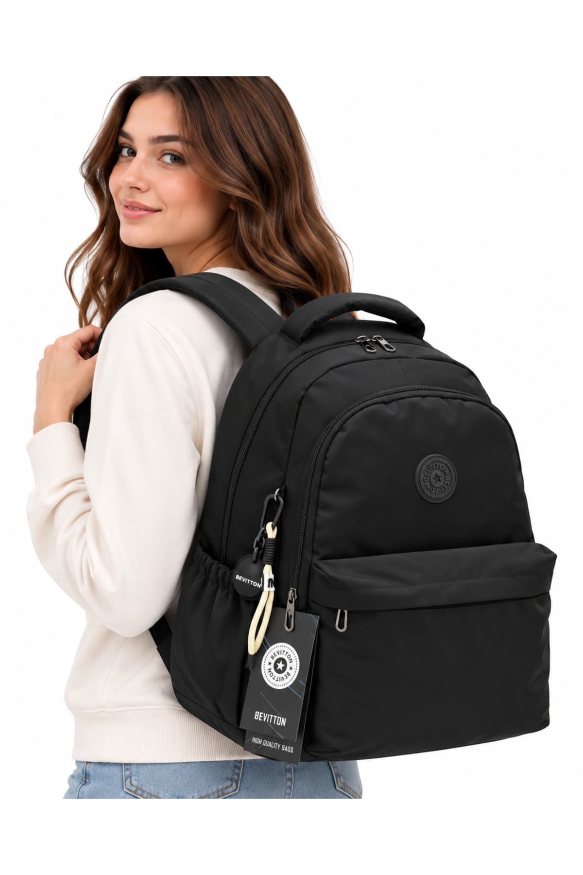 Bevitton Unisex Su Geçirmez Kumaş Okul Sırt Çantası Siyah Okul Çantası 2200