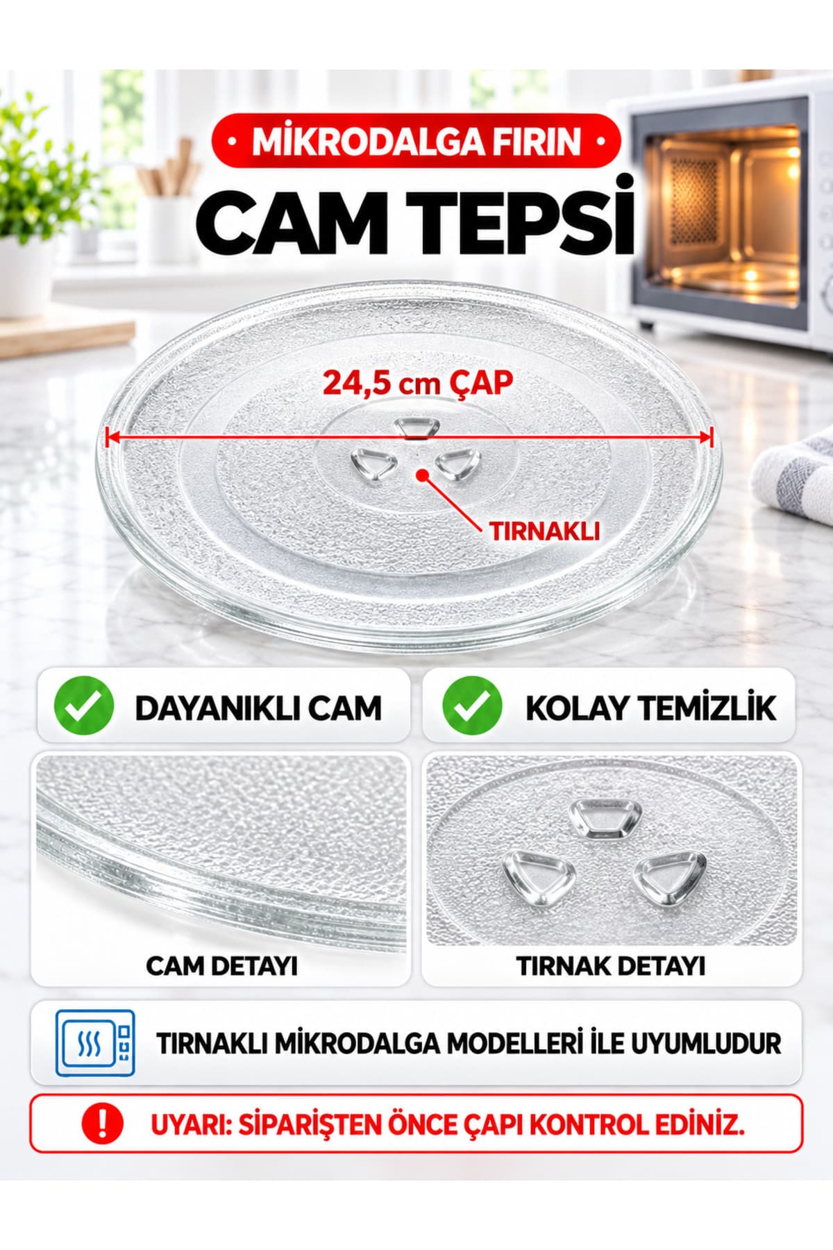 Arçelik Mikrodalga Fırın Döner Cam Tabak 24,5cm Çapında Tırnaklı Borcam Tepsi Orijinal