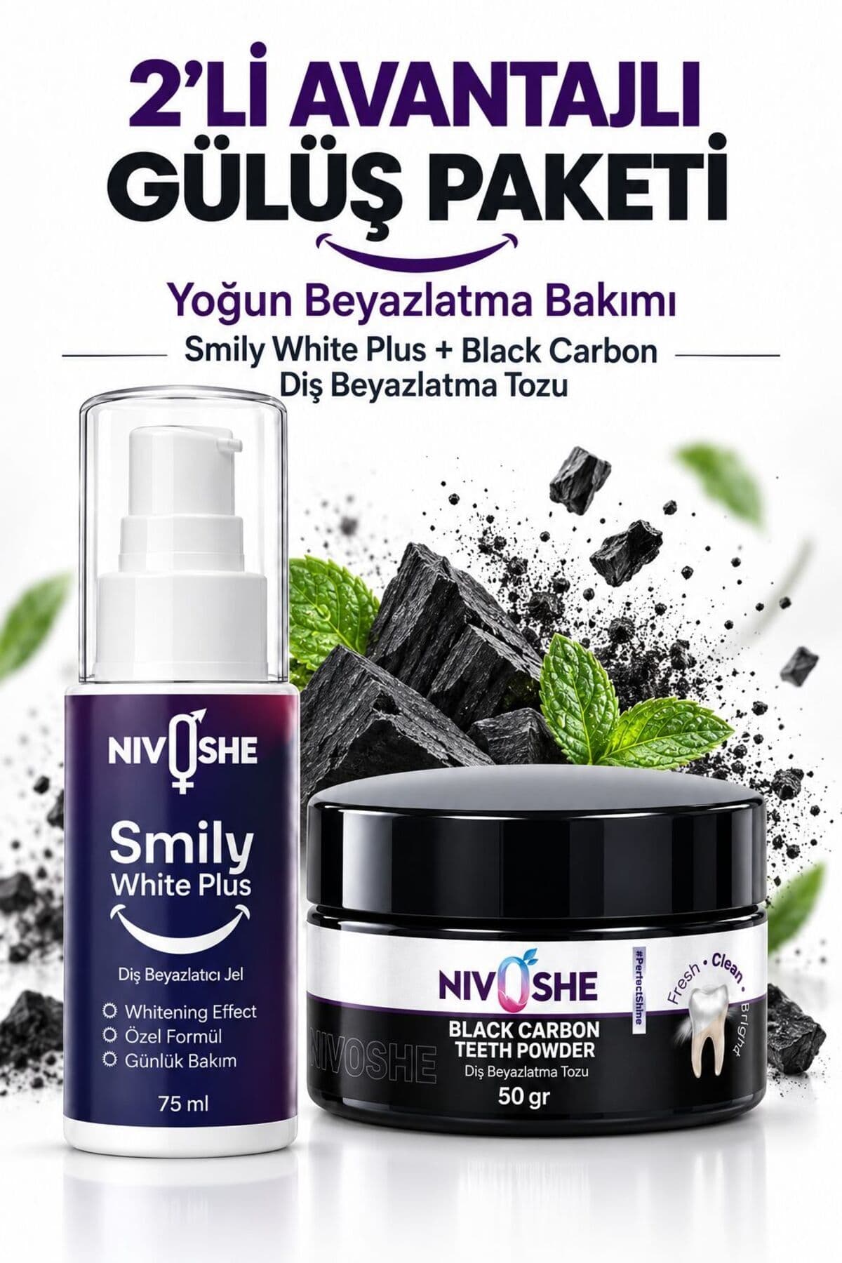 NIVOSHE 75ML Diş Beyazlatıcı Jel + Coal Karbon Diş Beyazlatıcı Toz