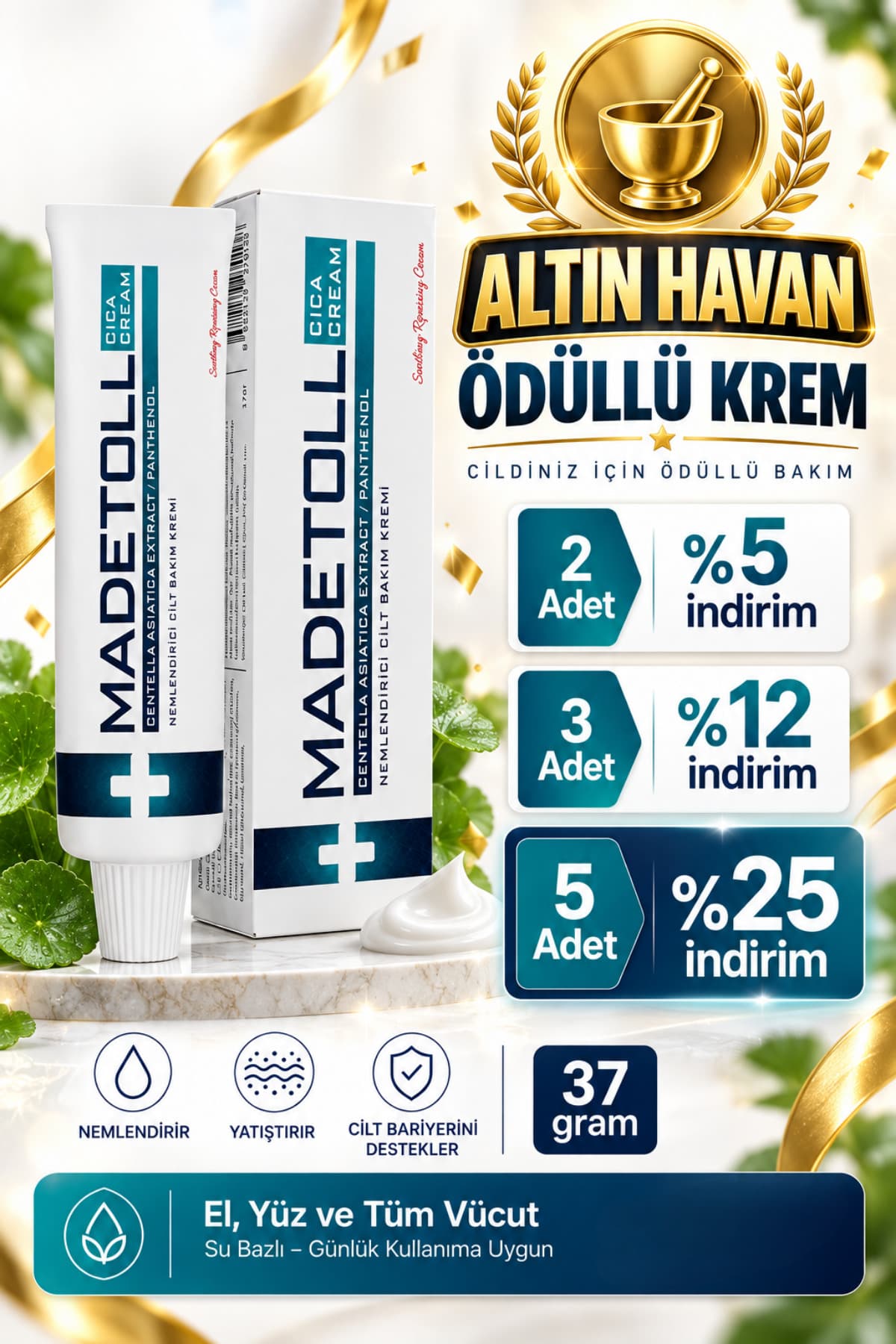 Madetoll Cica Krem Su Bazlı, Nemlendirici, Yenileyici, Yatıştırıcı Etkili Cilt Bakım Kremi 37 Gr