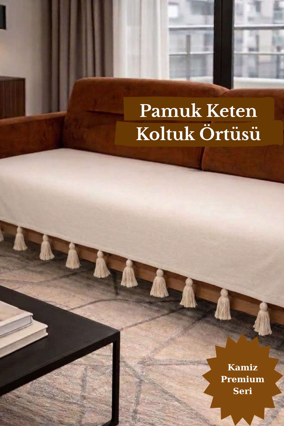 KAMİZ Püsküllü Koltuk Örtüsü Bohem Pamuk Keten | Kaymaz, Yıkanabilir, Modern Şık Tasarım