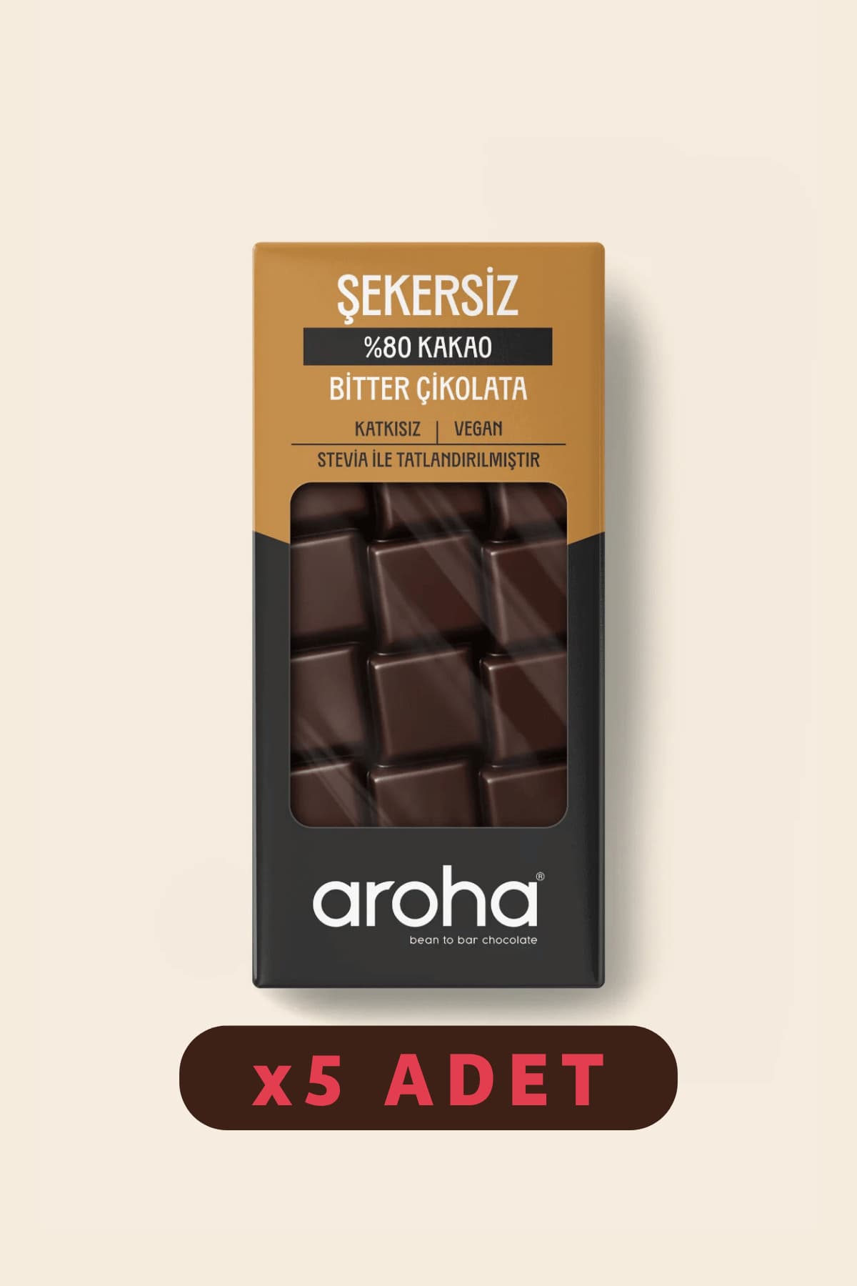 AROHA %80 Kakao Şekersiz Bitter Çikolata Stevialı 5'li Paket (80 G X 5 Adet)