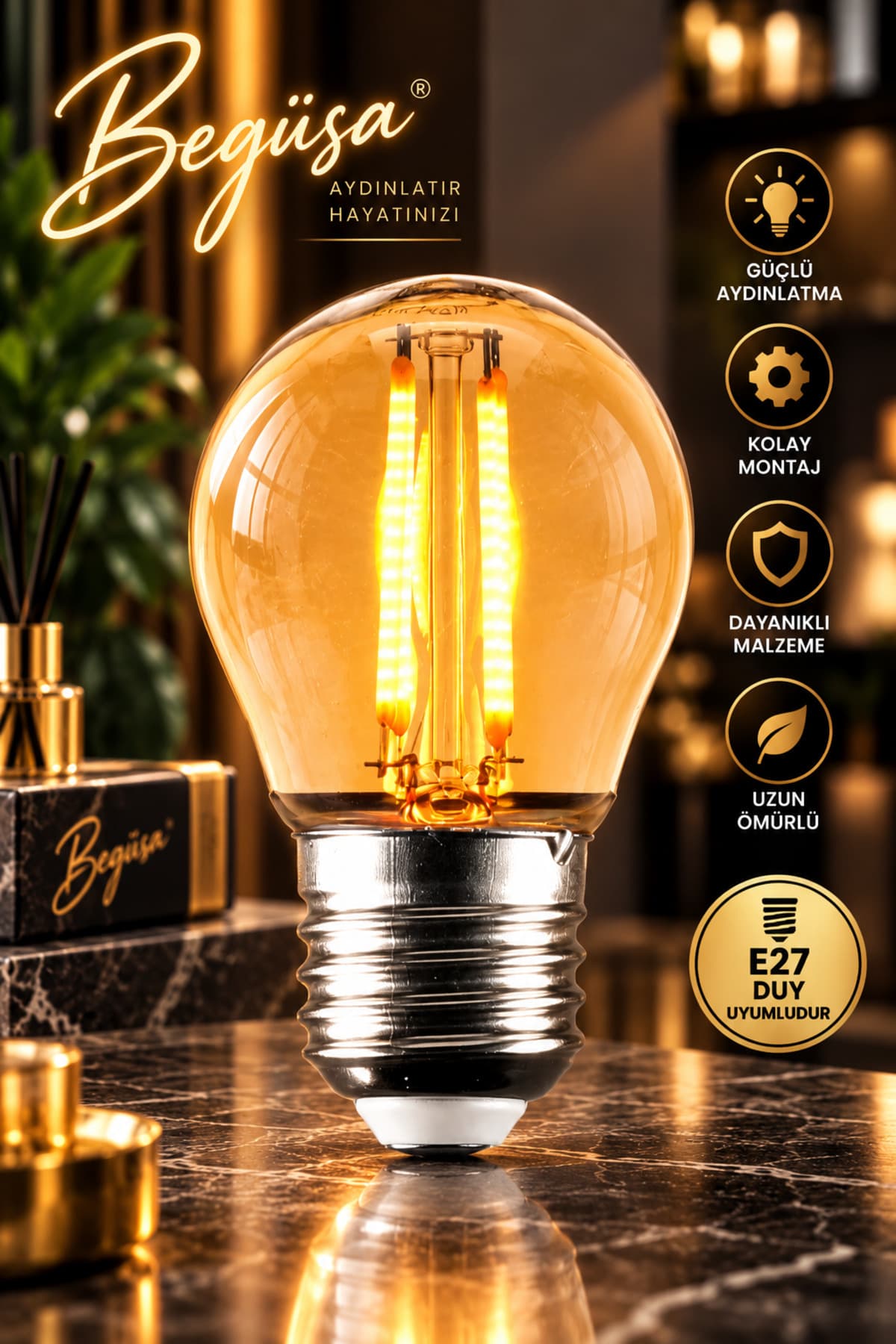 Begüsa G45 Rustik Led Sarı Top Ampul 4w E27