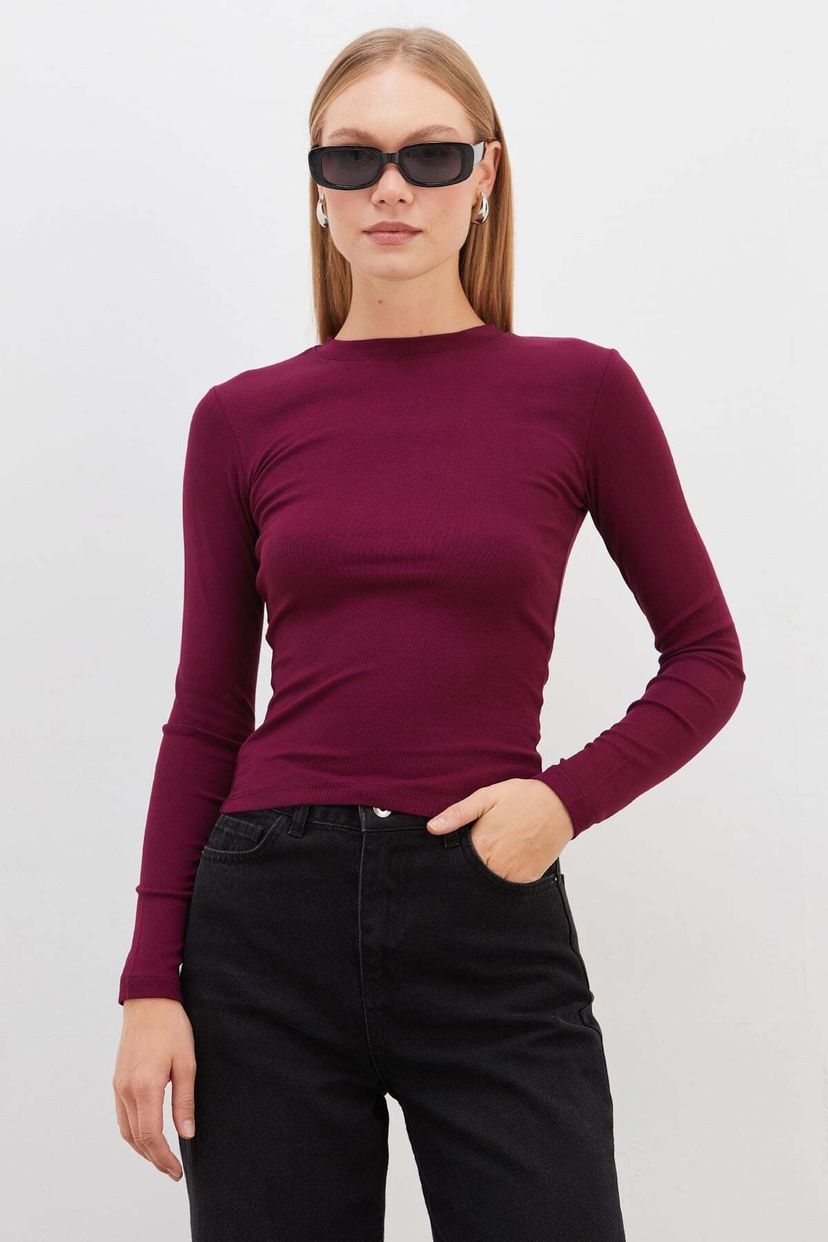 Fullamoda Basic Bisiklet Yaka Slim Fit Crop Bluz