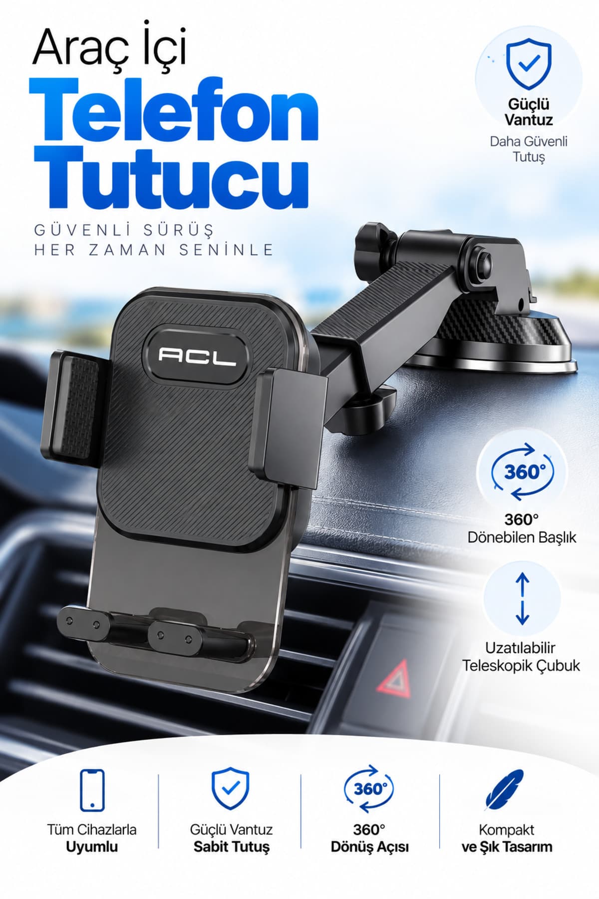 Acl T-106 Vantuzlu Araç İçi Telefon Tutucu – 360° Döner, Uzatılabilir Kollu Telefon Ve Navigasyon Tu