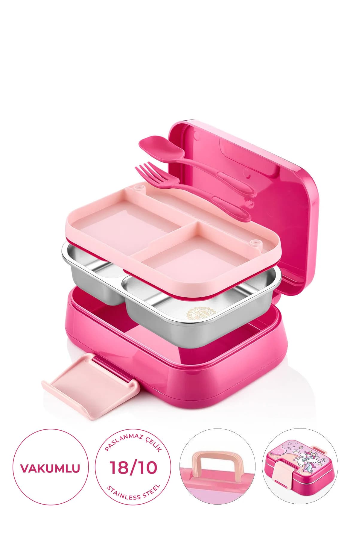 Kitchen Life Happii Vakumlu 4 Bölmeli Paslanmaz Çelik Çocuk Beslenme Kabı - Unicorn Desenli Yemek Kutusu
