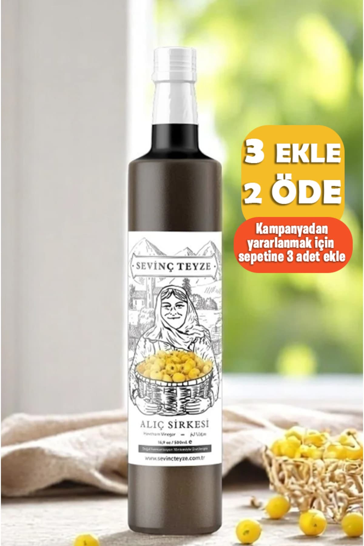 Organik Teyze Sevinç Teyze Alıç Sirkesi 500ml - Doğal Fermantasyon, Katkısız, Çiğ İçimlik, Hawthorn Vinegar