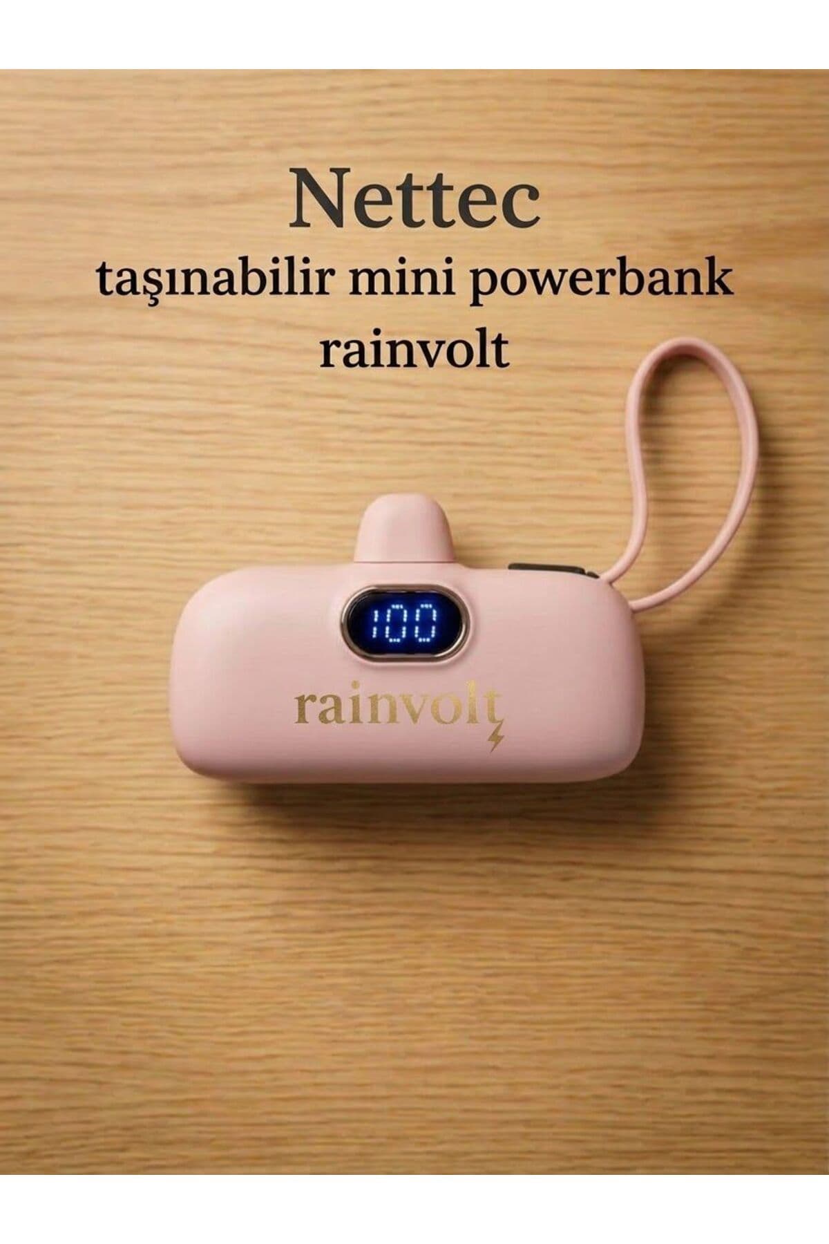 Nettec Rainvolt Mini Kapsül Powerbank – LED Dijital Göstergeli & Dahili Kablolu Taşınabilir Şarj Cihazı