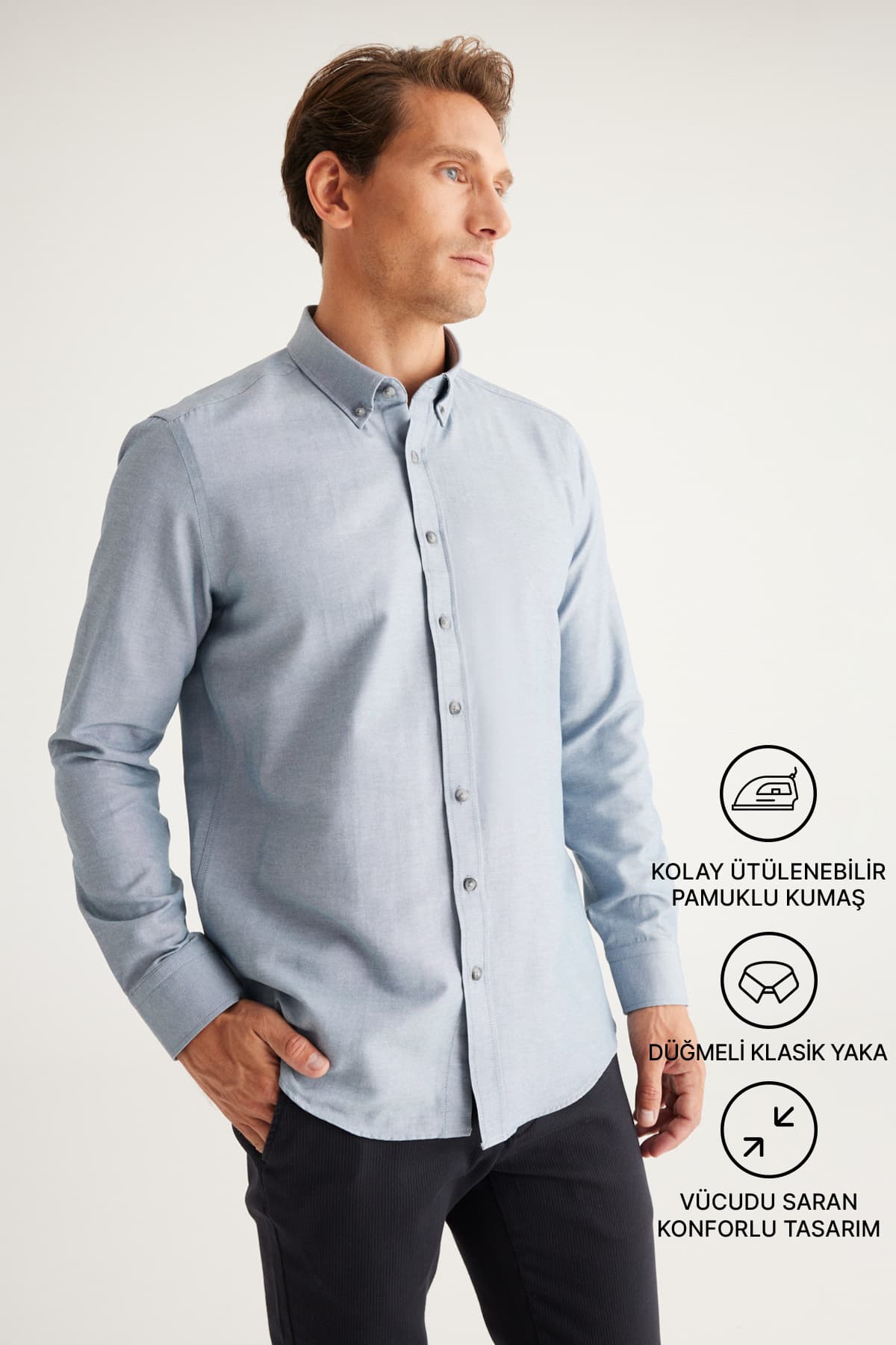 AC&Co / Altınyıldız Classics Erkek Oxford Kolay Ütülenebilir Pamuklu Terletmez Gömlek Gri Düğmeli Yaka Slim Fit Dar Kesim