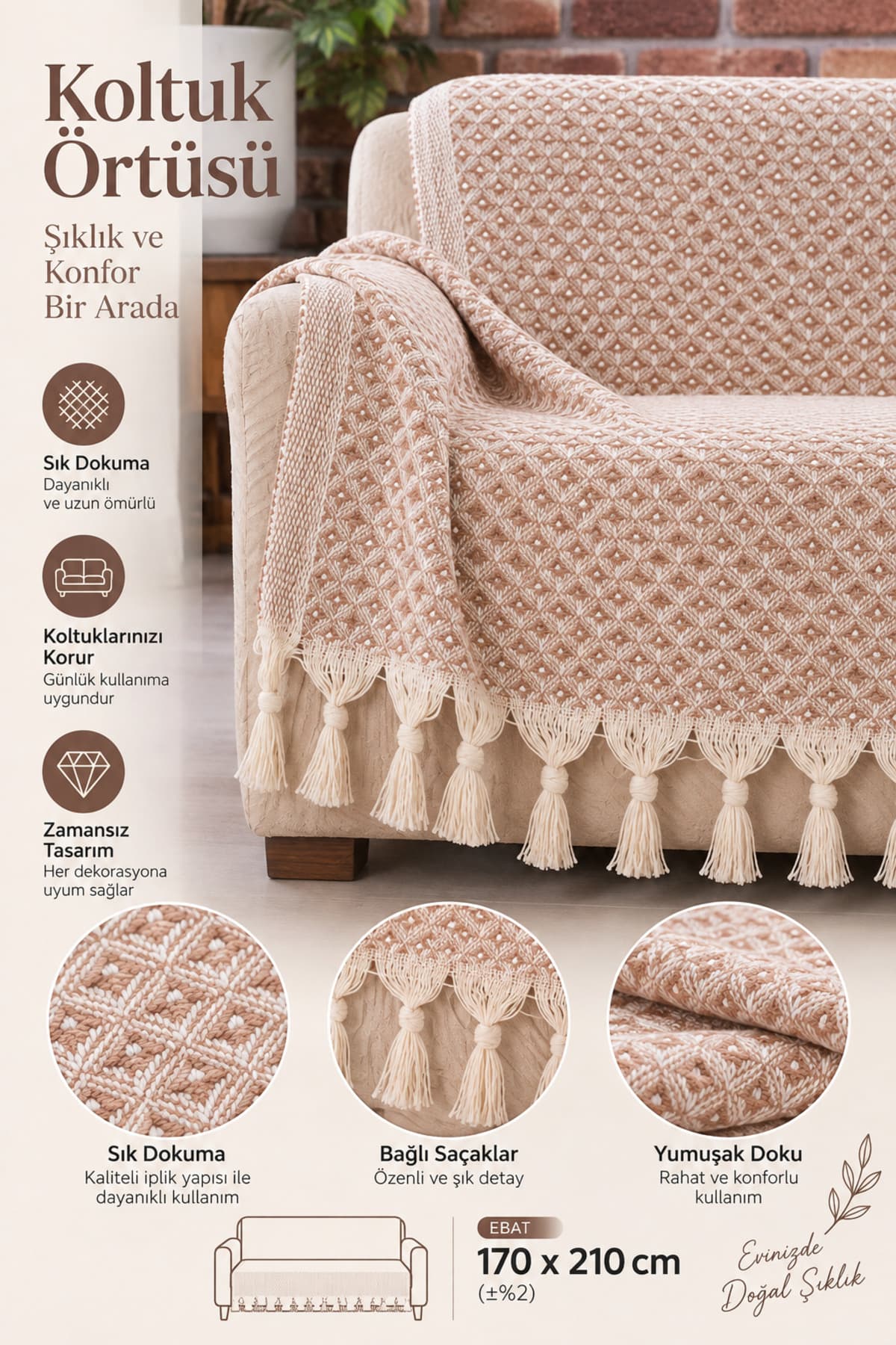 LADYNİL Yıldız Bordürlü Bej Koltuk Örtüsü | Koltuk Şalı 180x210 Pamuk