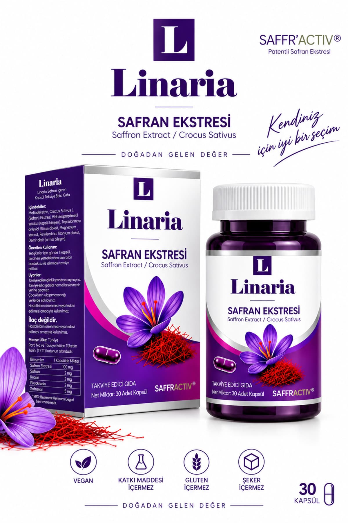LİNARİA Safran Ekstresi (Passiflora, Melisa, Valerian, Magnezyum ve B6) 30 Kapsül