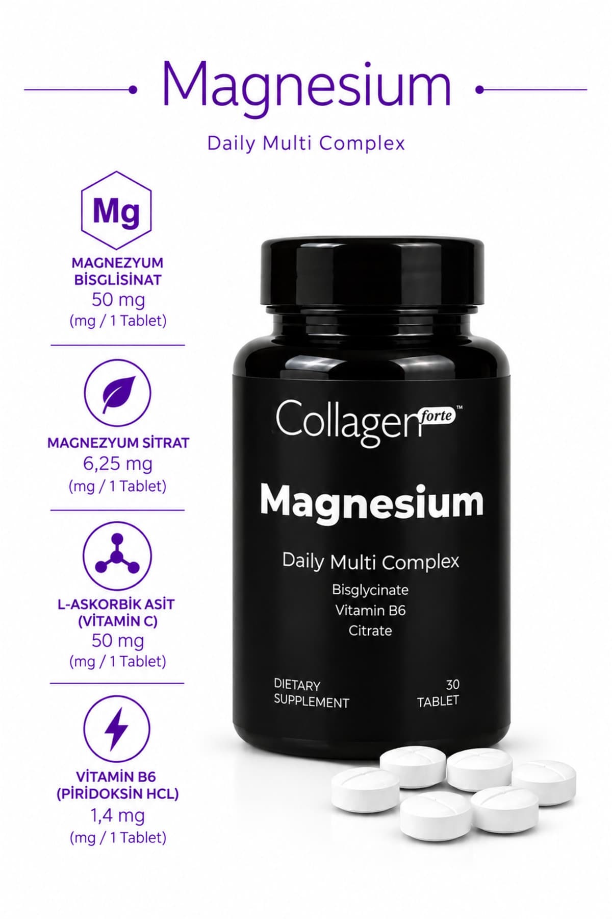 Collagen Forte Platinum Magnezyum Complex Bisiglinat, Sitrat, Vitamin B6, C Vitamini
