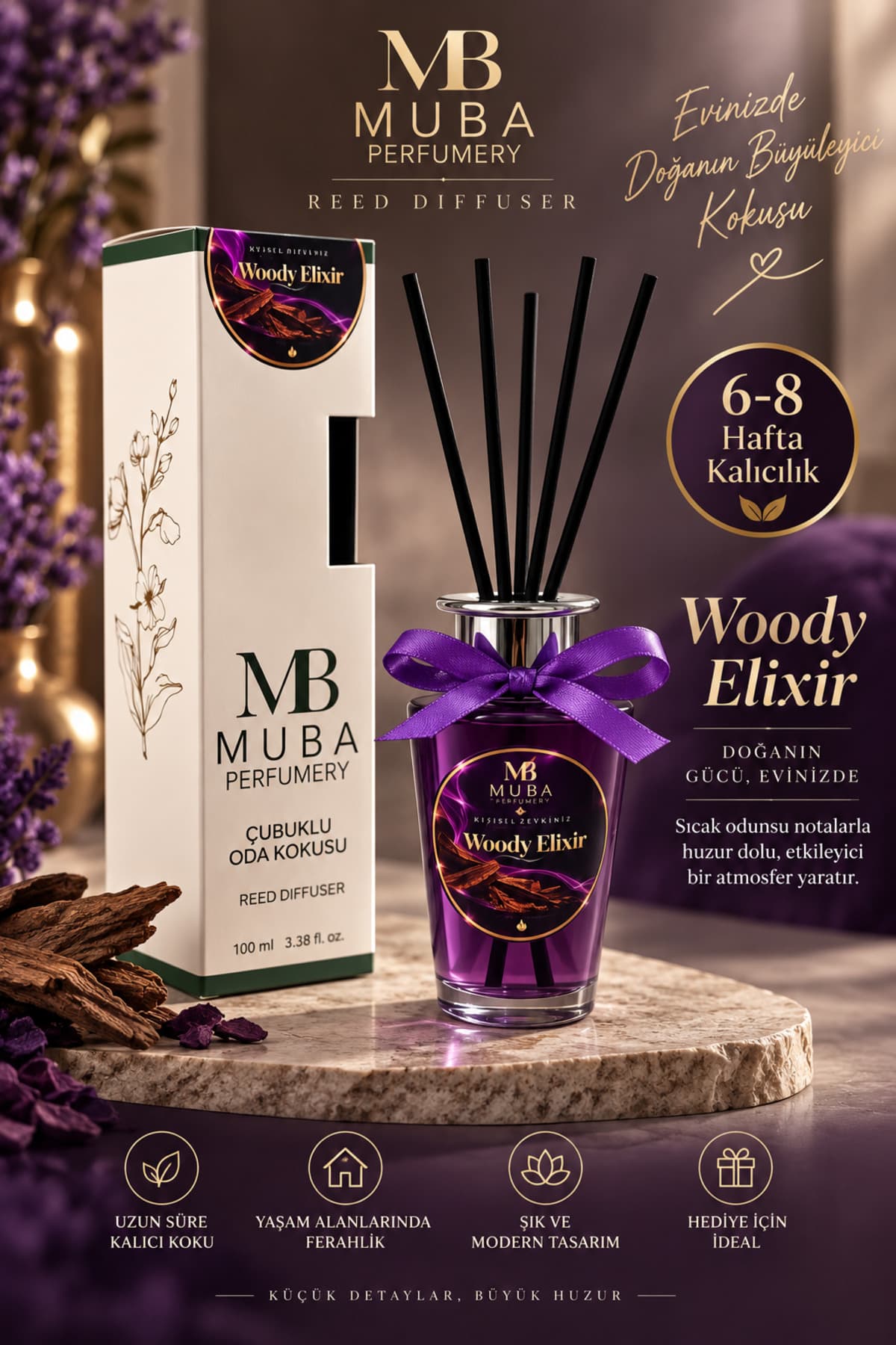 Muba Perfumery Woody Elixir Premium Çubuklu Oda Kokusu 100 ml – Sıcak Odunsu Koku, Uzun Süre Kalıcı Reed Diffuser, 6-8 Hafta Kalıcılık