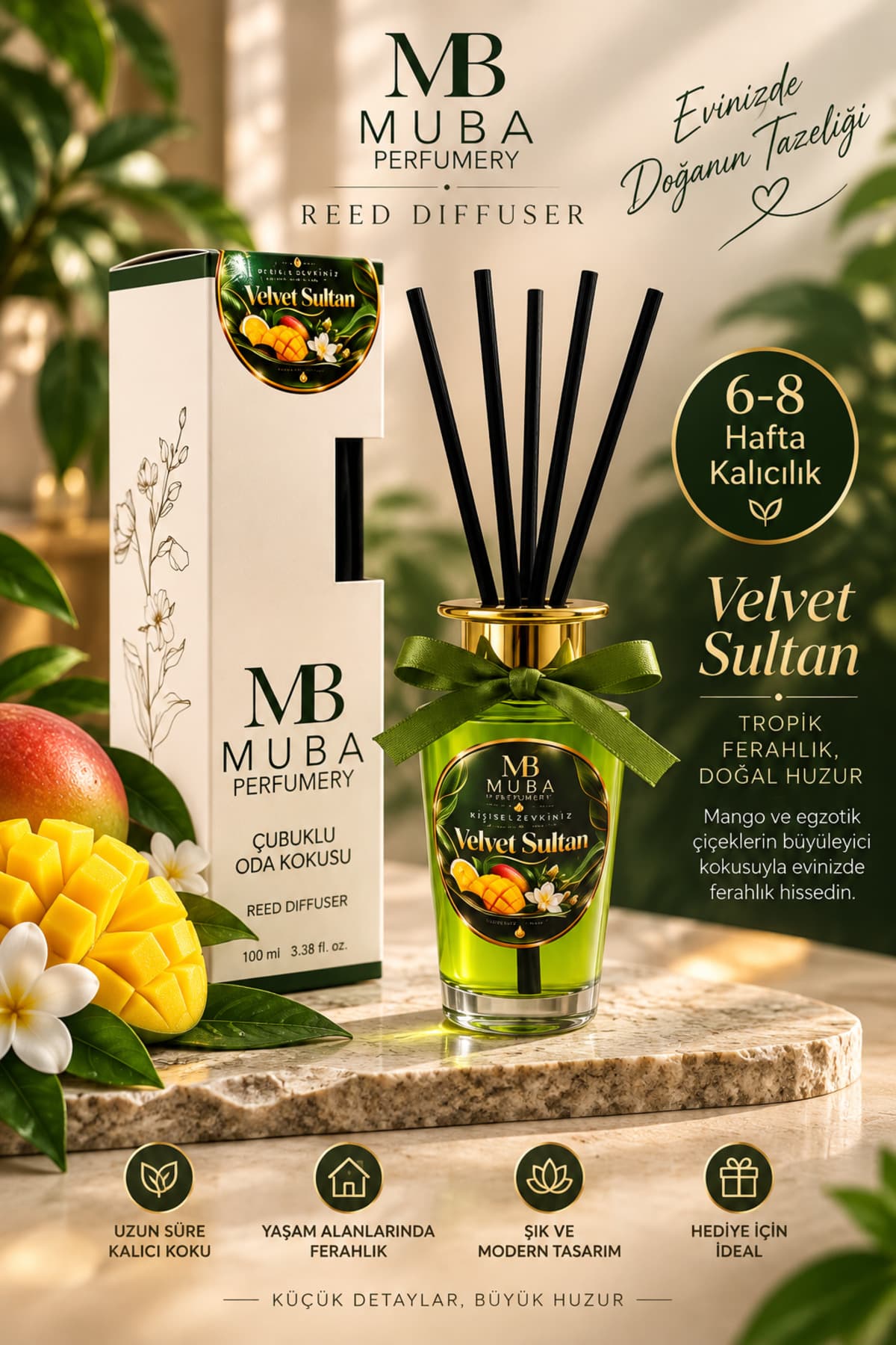 Muba Perfumery Velvet Sultan Premium Çubuklu Oda Kokusu 100 ml – Mango ve Egzotik Çiçek Kokusu, Ferahlatıcı ve Uzun Süre Kalıcı Reed Diffuser, 6-8 Hafta