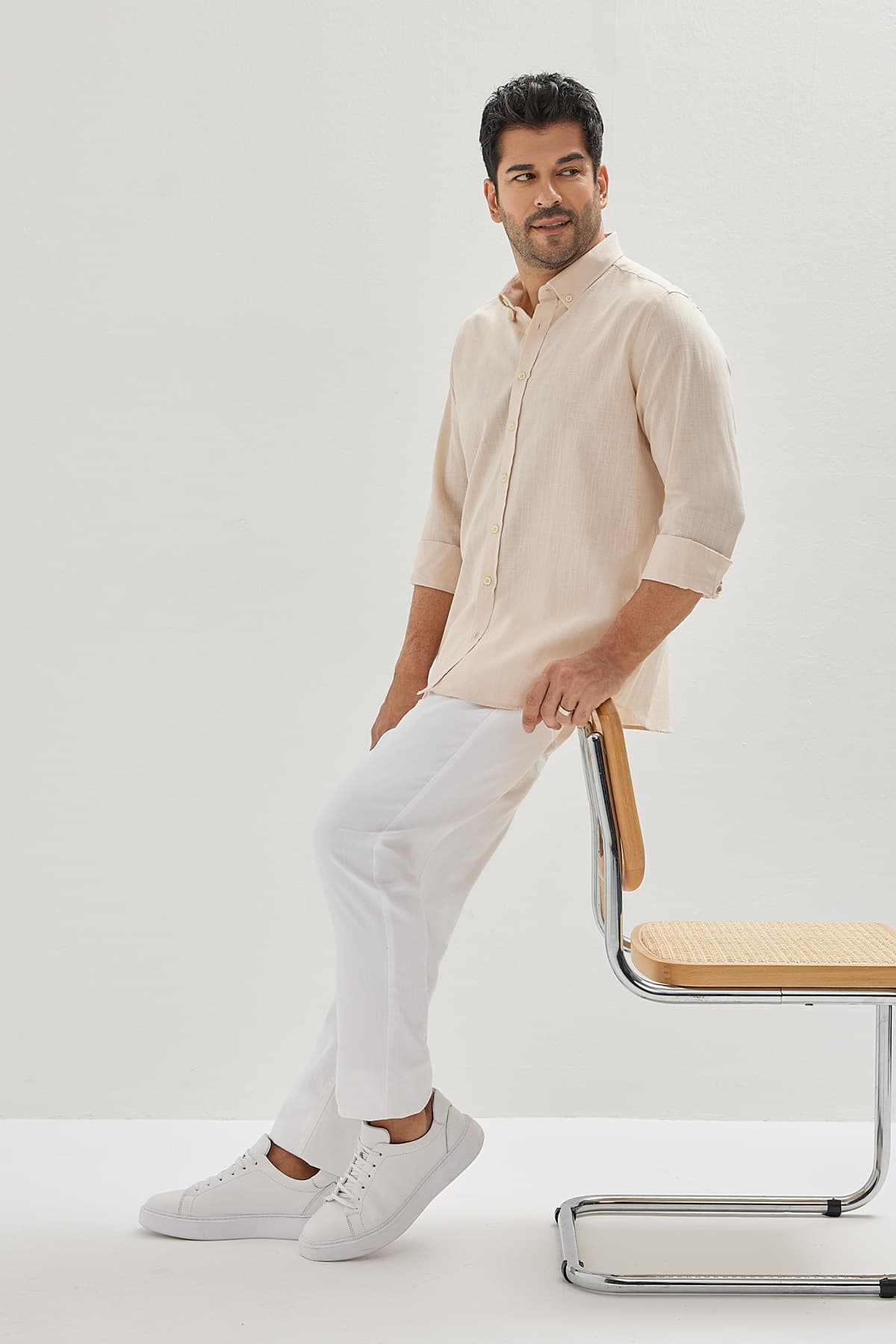 AC&Co / Altınyıldız Classics Erkek Bej Kolay Ütülenebilen %100 Pamuk Nefes Alabilen Terletmez Slim Fit Gömlek