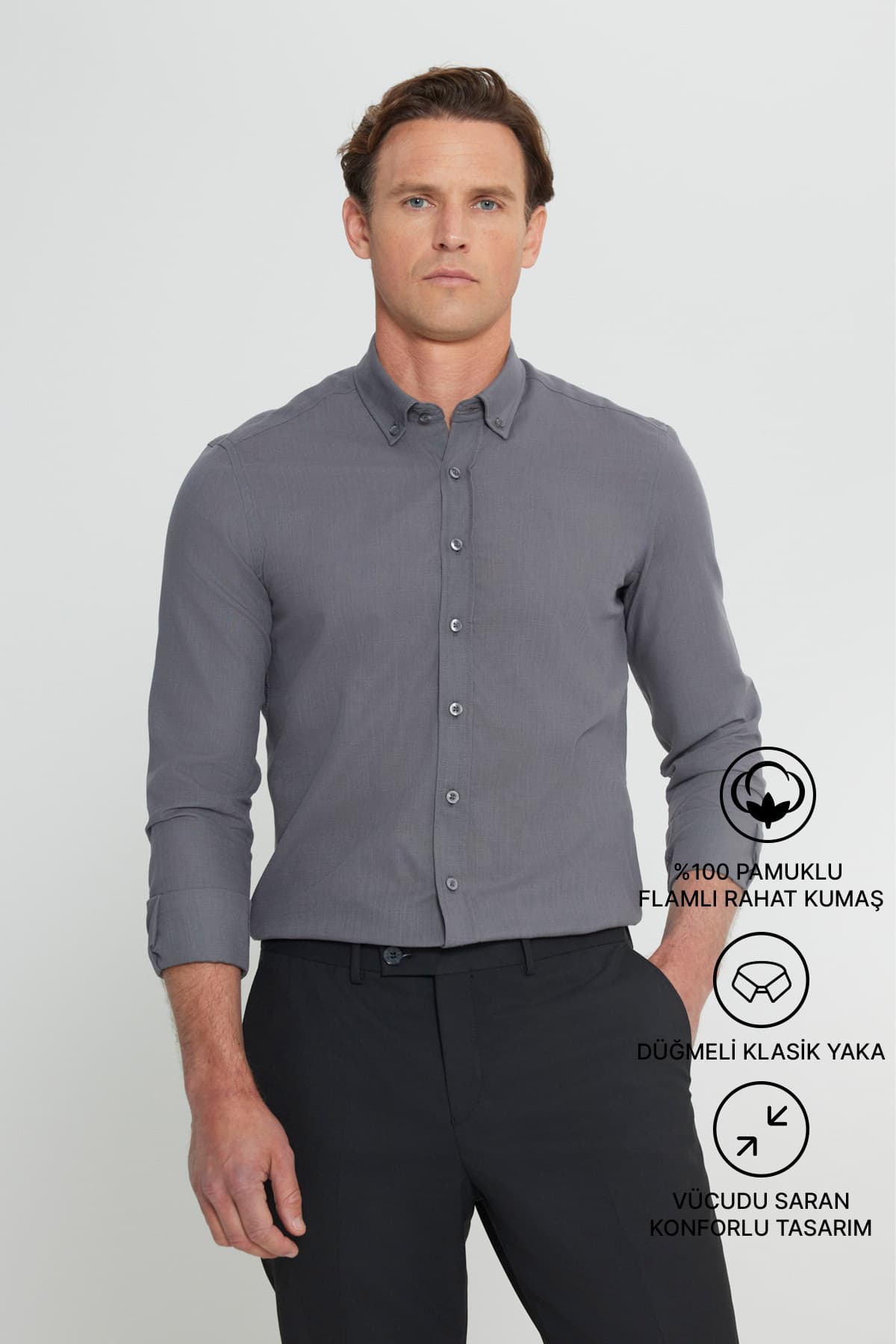 AC&Co / Altınyıldız Classics Erkek Antrasit %100 Pamuk Nefes Alabilen Terletmez Slim Fit Gömlek Flamlı