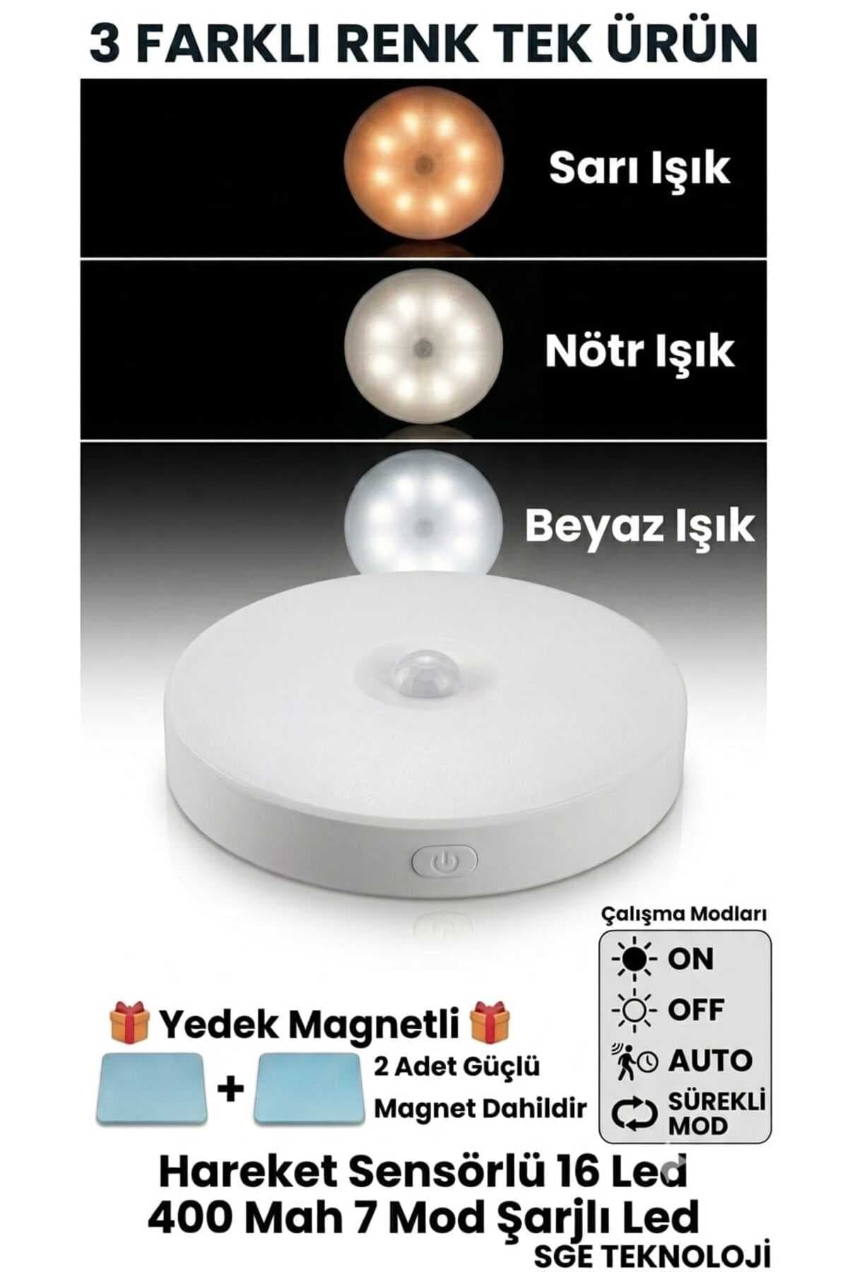 sgeteknoloji Hareket Sensörlü 16 Led 400mah 7 mod Şarjlı 3 Renk Beyaz-Gün-Nötr Işık Led Auto Dolap Içi, Koridor Type-c.