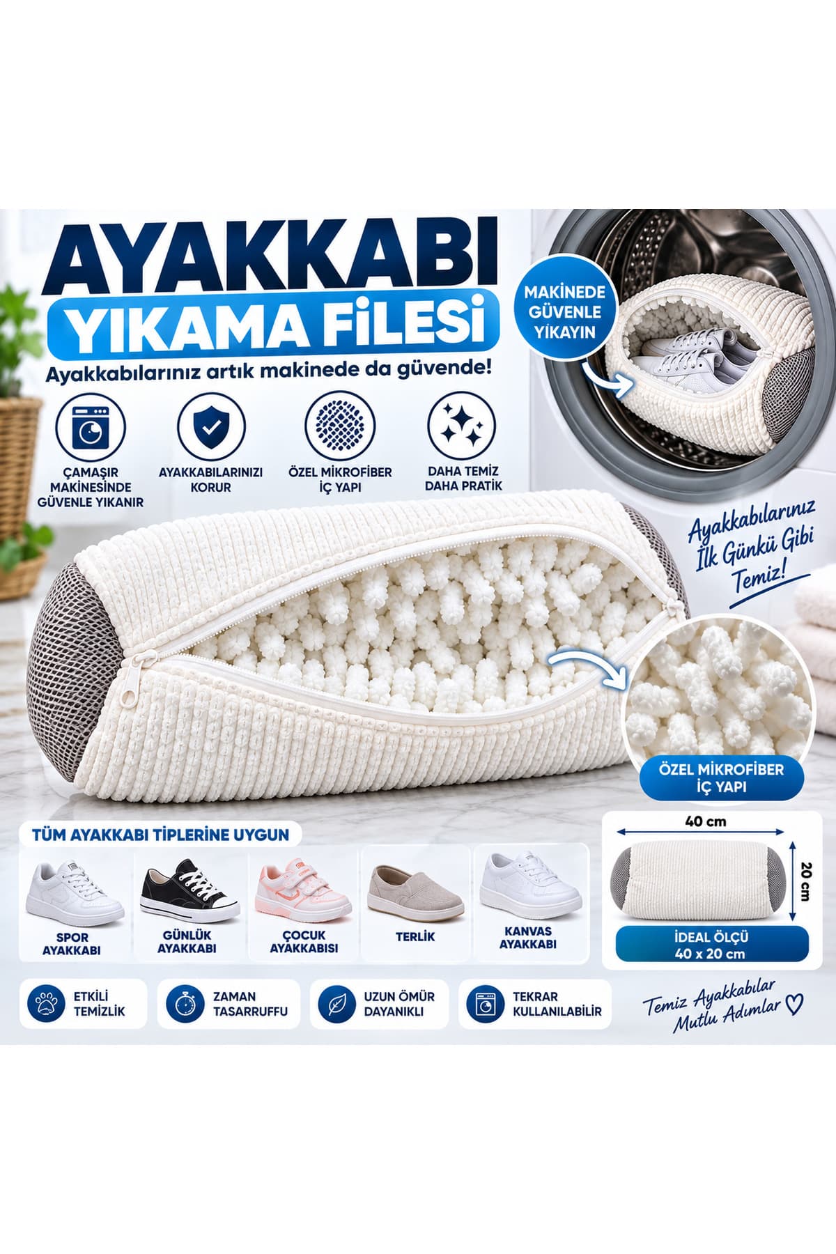 YELLOW STARY HOME DECOR Ayakkabı Yıkama Filesi 40x20 cm – Mikrofiber İç Dokulu, Fermuarlı Çamaşır Makinesi Ayakkabı Yıkama Torbası