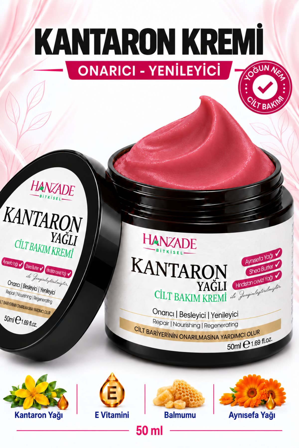 Hanzade Bitkisel Kantaron Yağlı Krem 50 ml – Nemlendirici Yüz, El ve Vücut Bakım Kremi, E Vitaminli