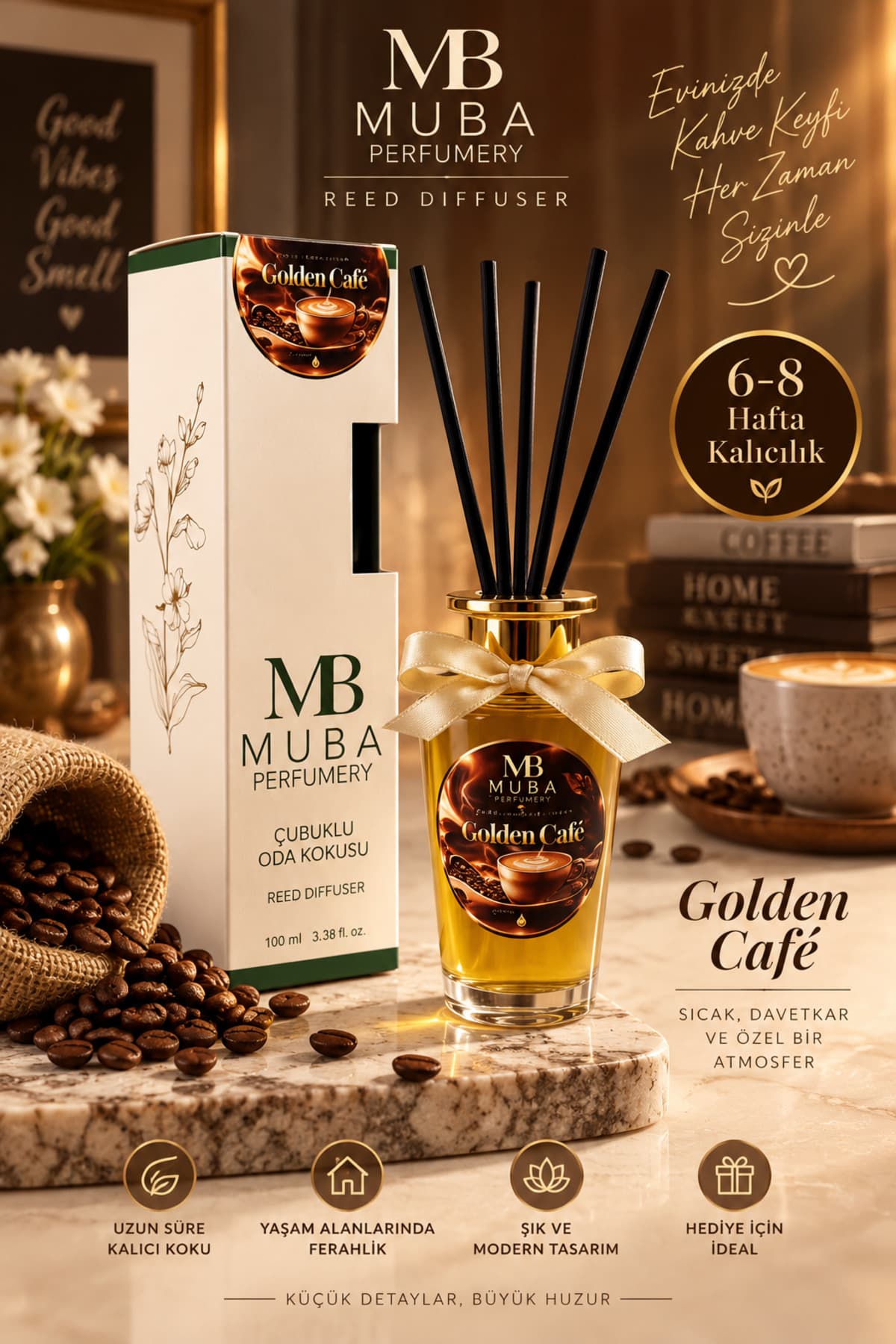 Muba Perfumery Golden Café Premium Çubuklu Oda Kokusu 100 ml – Yoğun Kahve Aroması, Uzun Süre Kalıcı Reed Diffuser, 6-8 Hafta Kalıcılık