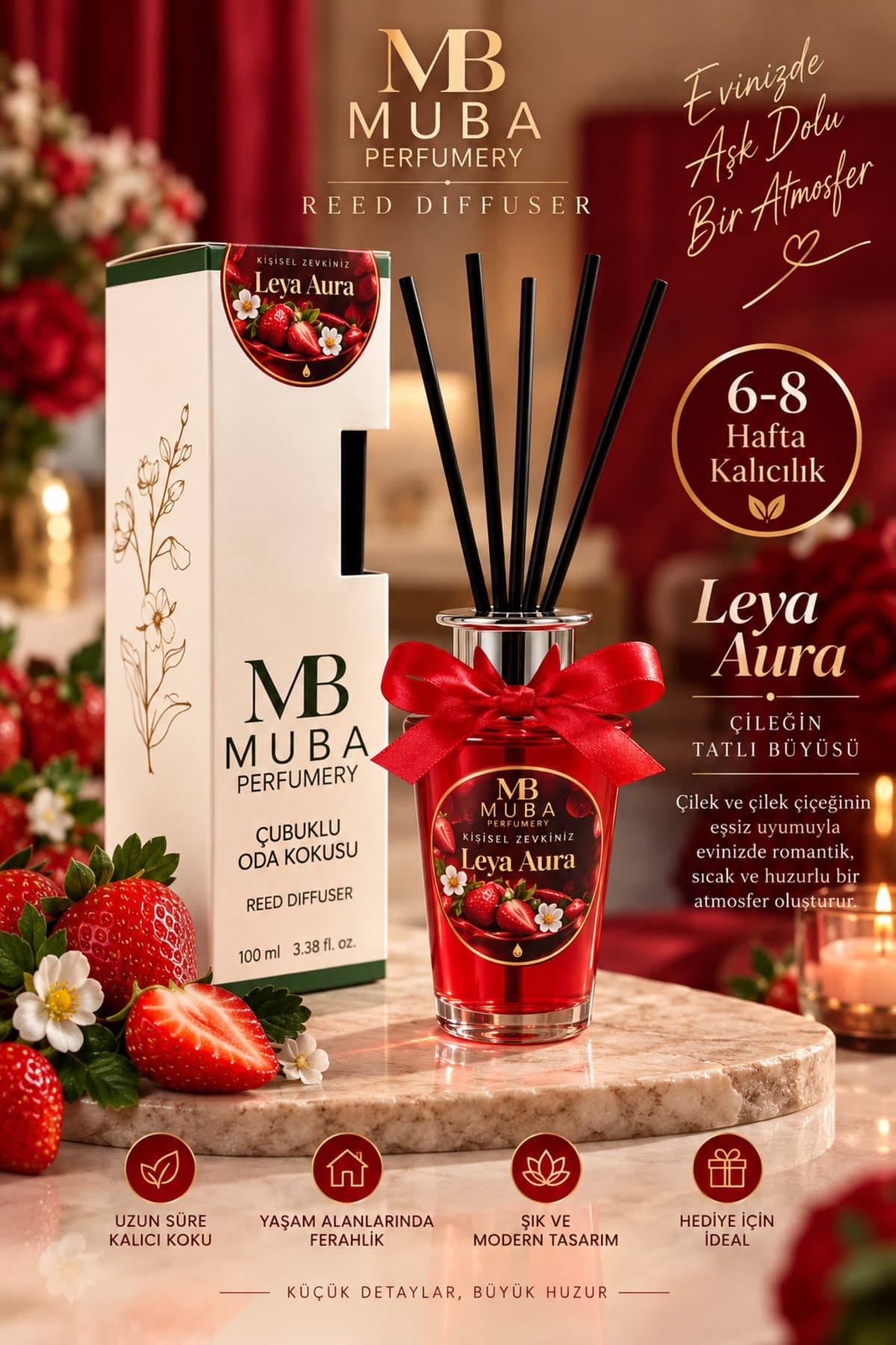 Muba Perfumery Leya Aura Premium Çubuklu Oda Kokusu 100 ml – Çilek ve Çilek Çiçeği Aroması, Romantik ve Ferah Koku, Uzun Süre Kalıcı Reed Diffuser, 6-8 Hafta
