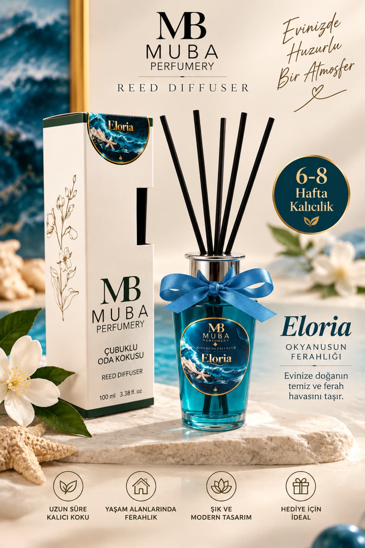 Muba Perfumery Eloria Premium Çubuklu Oda Kokusu 100 ml – Okyanus Esintisi, Ferah ve Kalıcı Reed Diffuser, 6-8 Hafta Kalıcılık