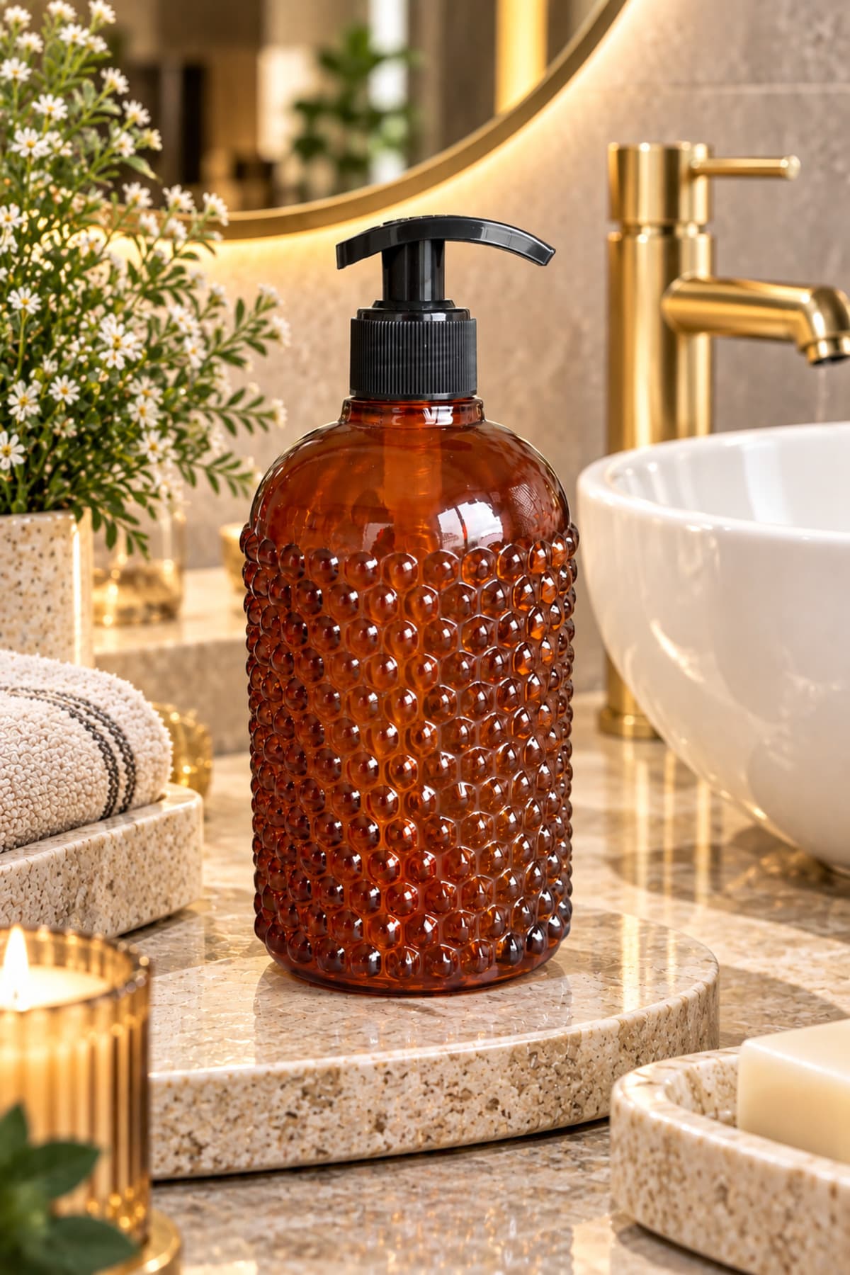 ANGDESİGN Yıldız Cam Sıvı Sabunluk Tekli-Amber •• Banyo & Mutfak İçin Tezgah Üstü Lavabo Bulaşık El Sabunu Banyo Dekor Cam Deterjanlık Sıvı Sabun Duş Jeli Bulaşık Deterjanı Çamaşır Suyu Şampuan Banyo