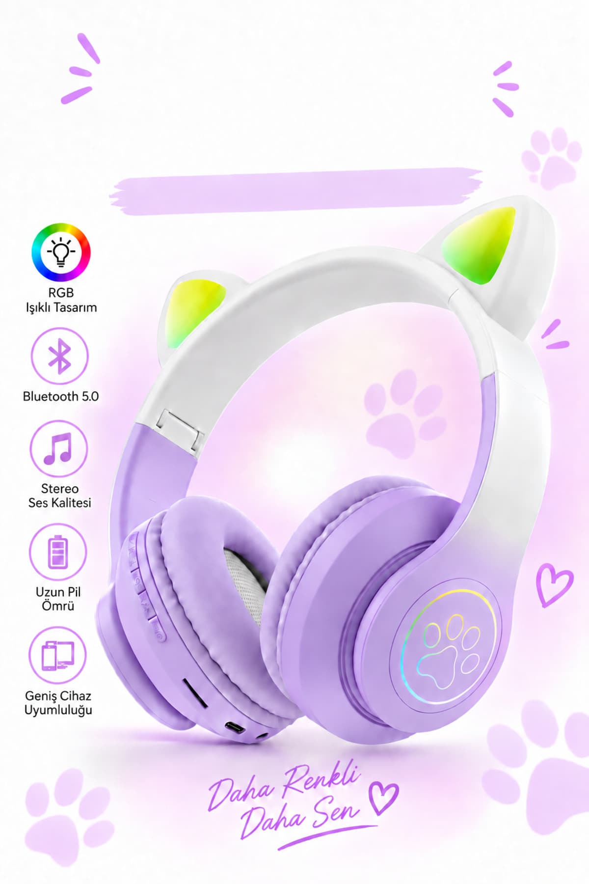 Vooka Çocuk Bluetooth Kulaklık Kedi Kulaklık Pro 5.0 Akıllı Rgb Led Detaylı Bluetooth Kablosuz