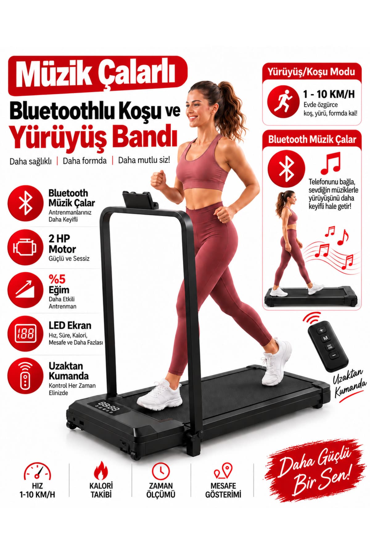 EN SİGA Bluetoothlu Koşu ve Yürüyüş Bandı Yeni Nesil 2 HP Motor %5 Eğim 8/10 Km Hız Müzik Çalarlı Kumandalı