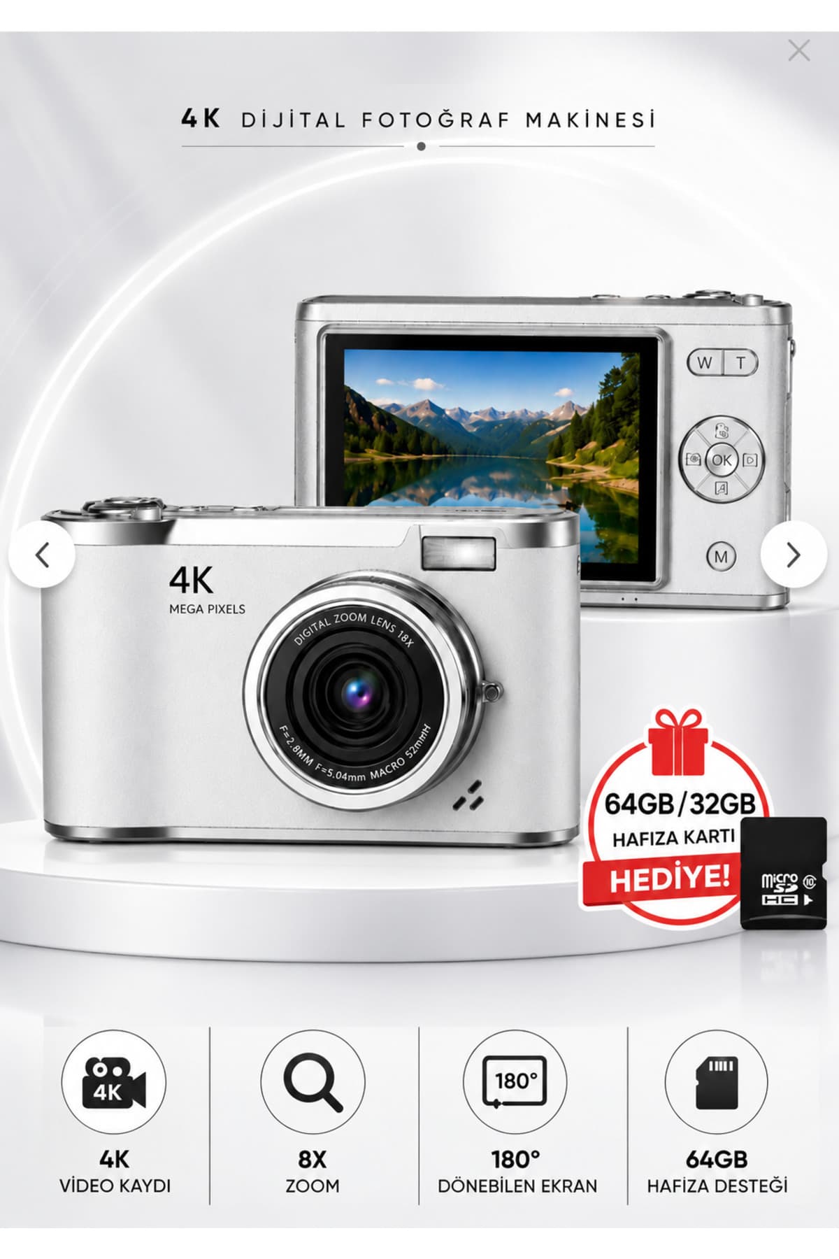 Omaze 4K Dijital Fotoğraf Makinesi 18X Zoom 180° Dönen Flip Ekranlı Flaşlı Vlog Kamera 48MP 32GB Hafıza Kartı Hediyeli