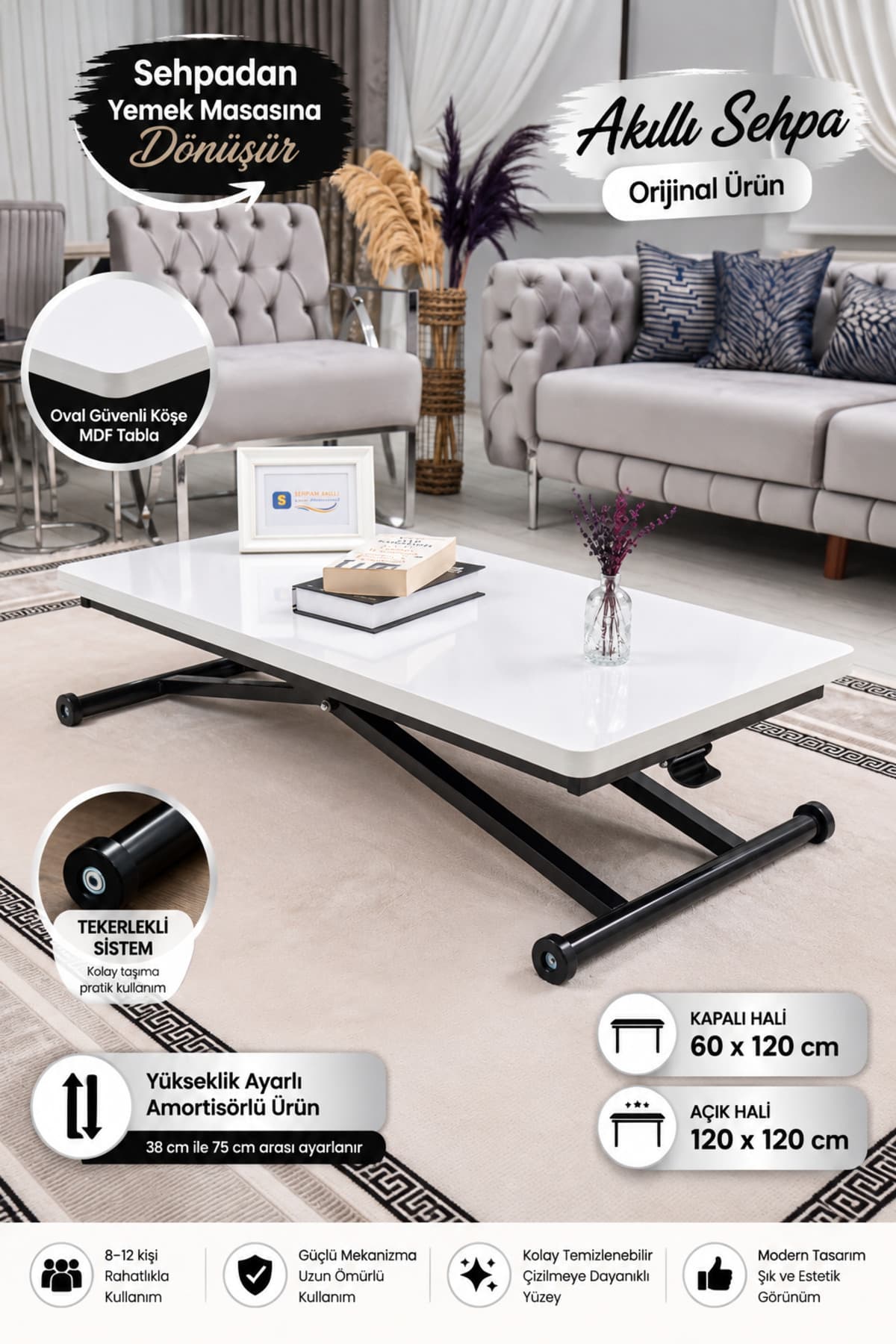 SEHPAM AKILLI Akıllı Sehpa Home Üst Tabla Mdf Beyaz Oval Köşe Alt Mekanizma Siyah Renk