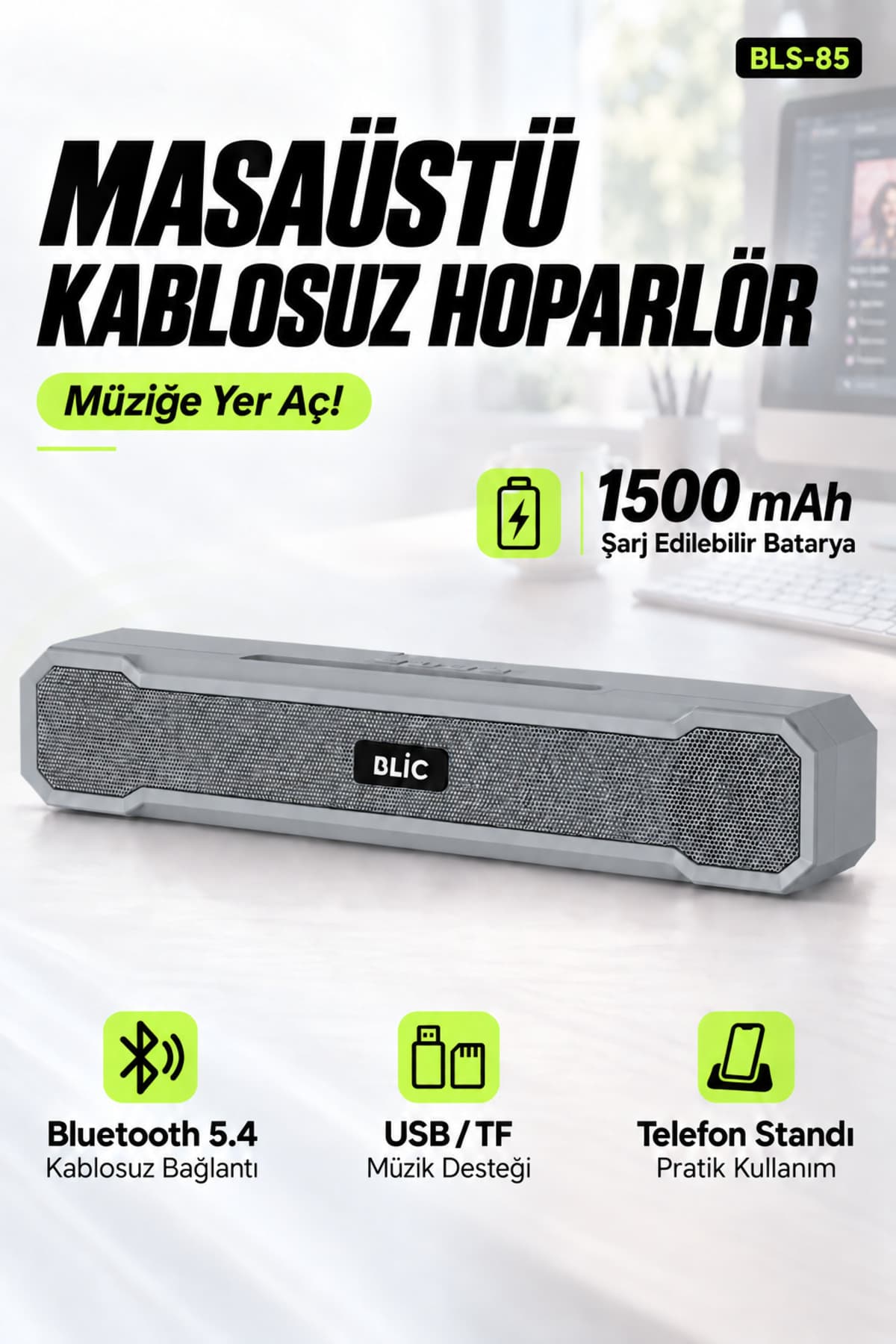 Blic Bls-85 Bluetooth 5.4 Masaüstü Soundbar Hoparlör Gri, Telefon Standlı, 1500 Mah Şarjlı, Usb Ve T