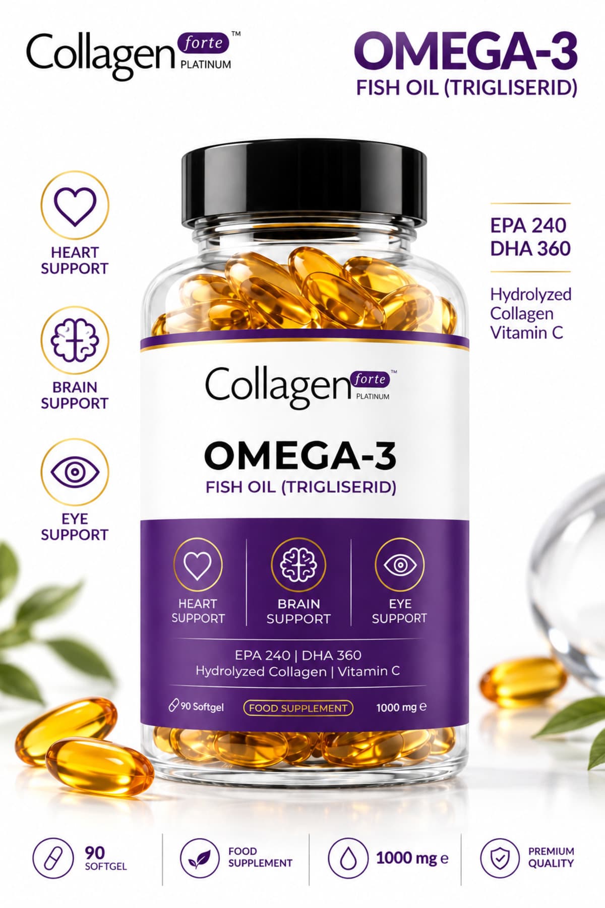 Collagen Forte Platinum Omega-3 Balık Yağı 90 X 1000mg Softgel, Hidrolize Kolajen & C Vitamini
