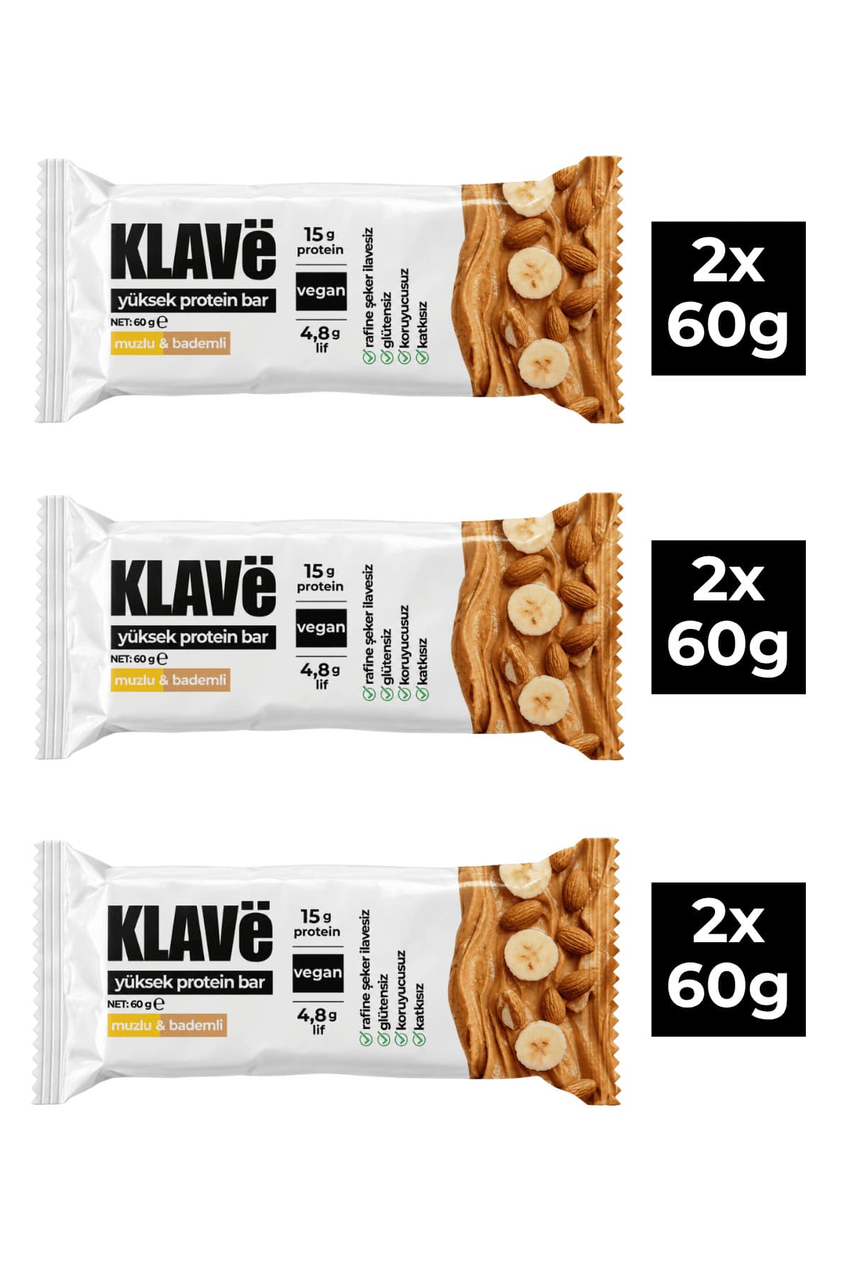 KLAVë Yüksek Protein Bar Muzlu ve Bademli - 60 g x 6 Adet - 15g Protein, Vegan ve Glutensiz