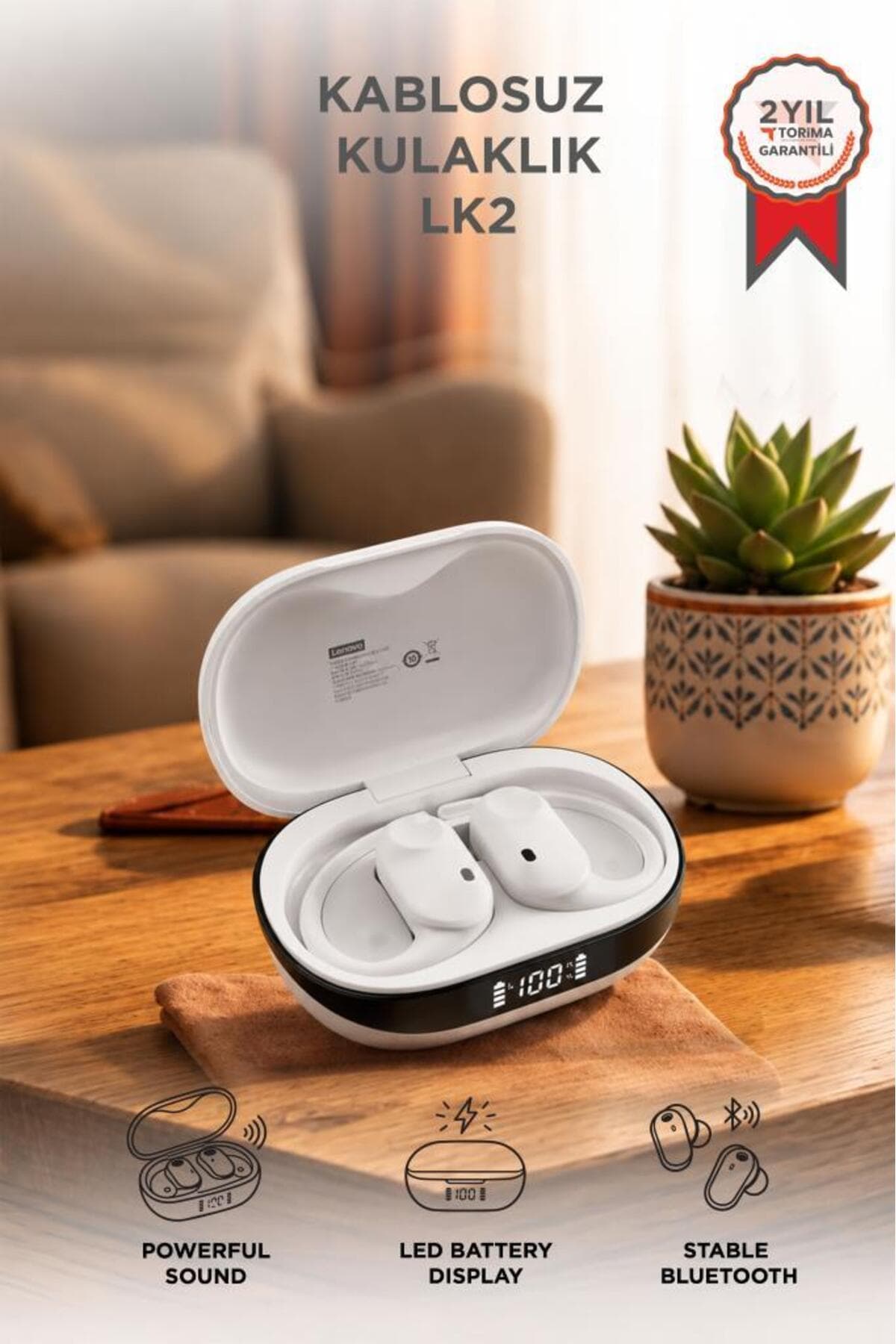 LENOVO Thinkplus Bluetooth Kulaklık Akıllı Dijital Göstergeli 5.4 Kablosuz Kulaklık LK2 Beyaz
