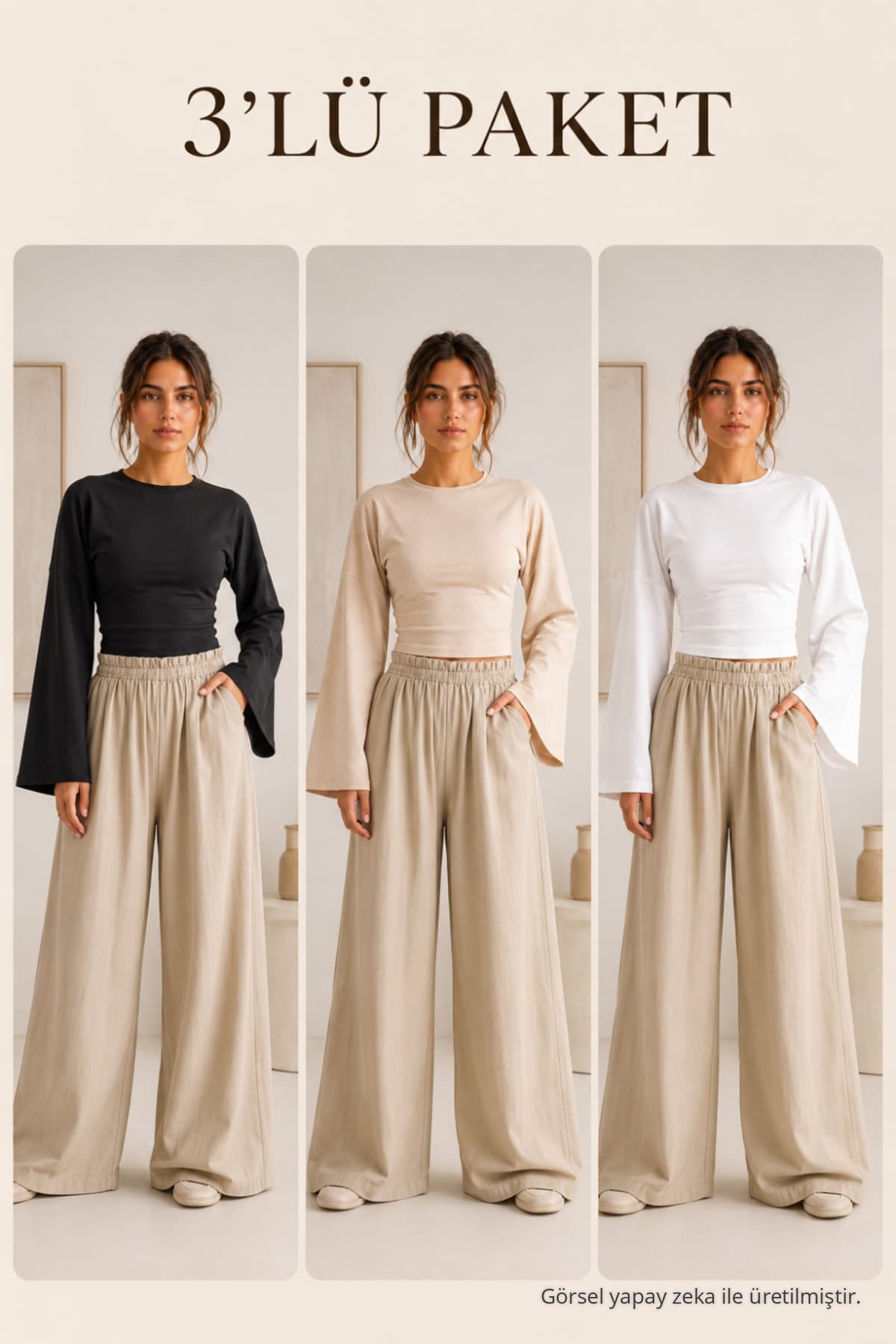 COMBİNE MİCHAİL Kadın Basic Geniş Kol 3 Lü Crop Bluz