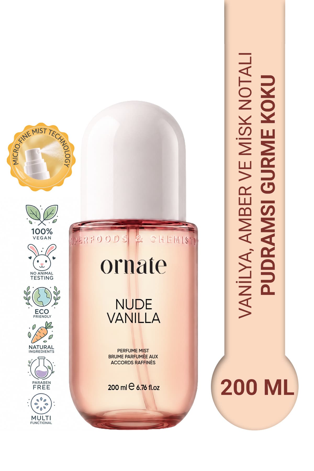 ORNATE Nude Vanilla Vanilya, Amber ve Misk Notalı Pudramsı Gurme Kokulu Saç ve Vücut Spreyi Body Mist 200 ml