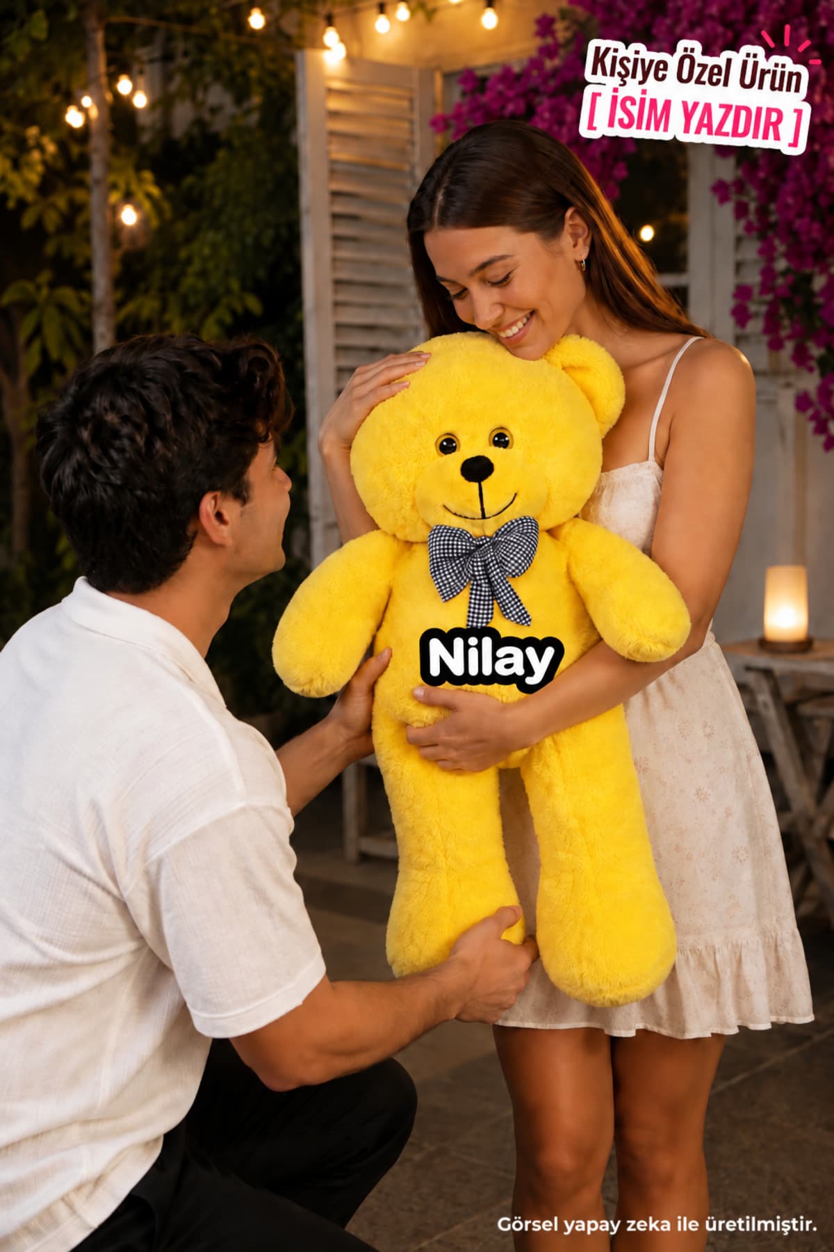 Özgüner Oyuncak Kişiye Özel İsim Baskılı Oyuncak Papyonlu Peluş Ayıcık 90 cm Hediyelik Ayı