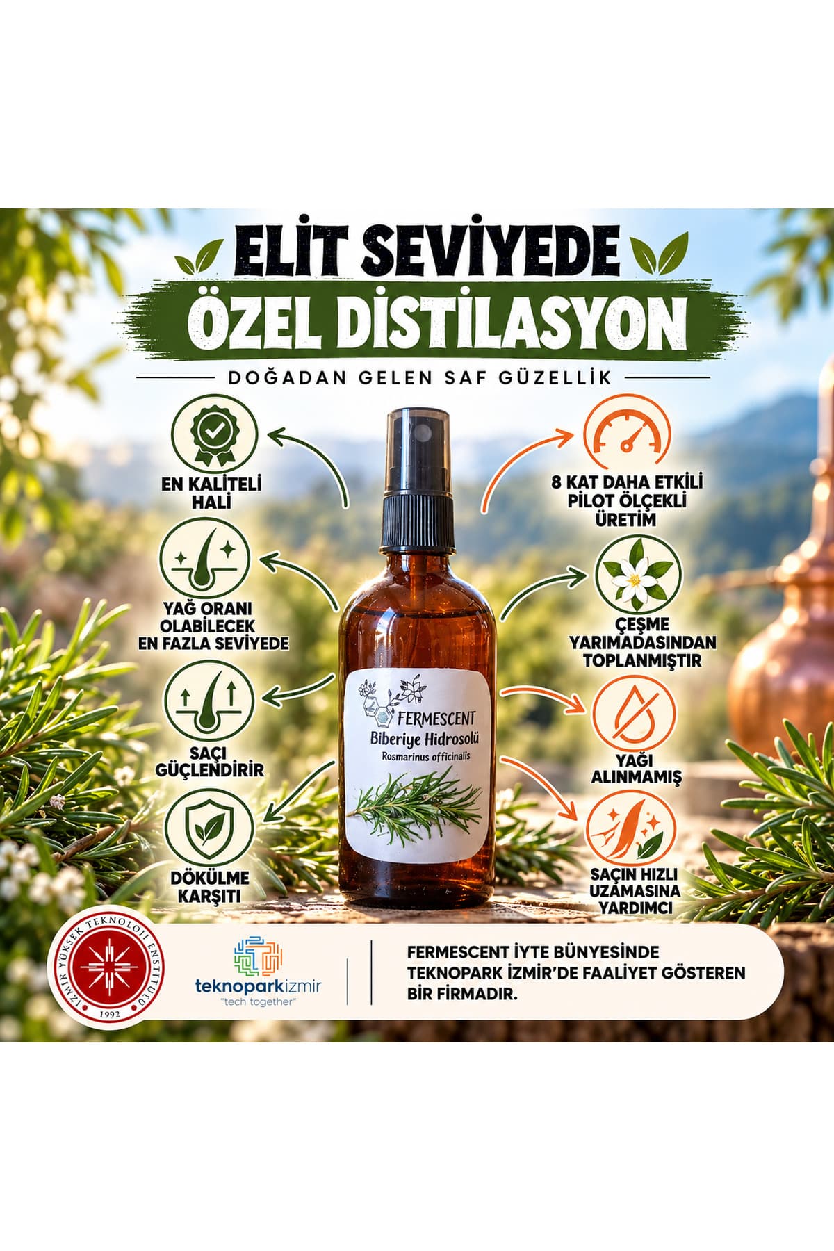 Fermescent Biberiye Suyu Mayası Hidrosolü %100 Doğal Saç Bakım Toniği Dökülme Karşıtı Rosemary 100 ml