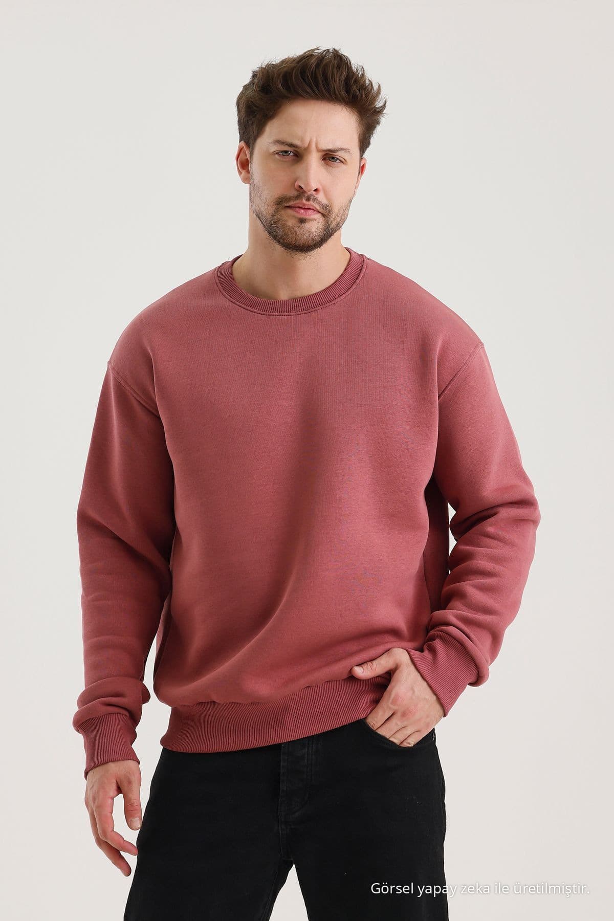 COMBİNE MİCHAİL Gül Kurusu Bisiklet Yaka Oversize Şardonlu Basic Erkek Sweatshirt
