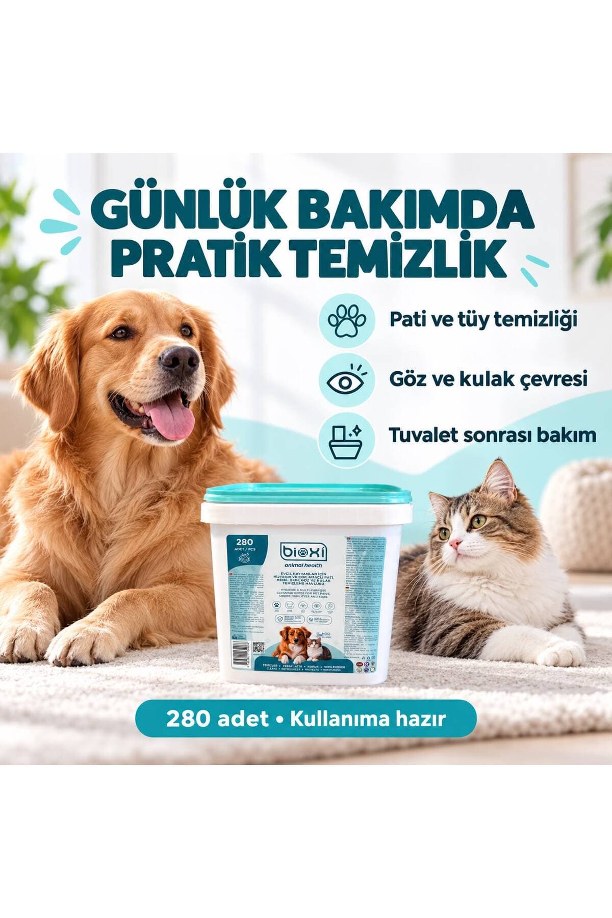 Bioxi Kedi Köpek Pati, Meme, Deri ve Göz Çevresi Temizleme Mendili 280 Adet - HOCl Teknolojili Hijyenik Bakım Havlusu????